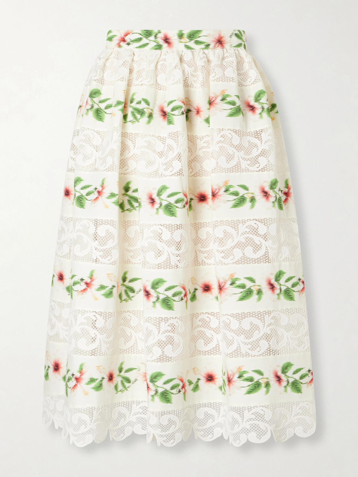 Oscar De La Renta Floral-print Lace-trimmed Cotton-blend Midi Dress In White
