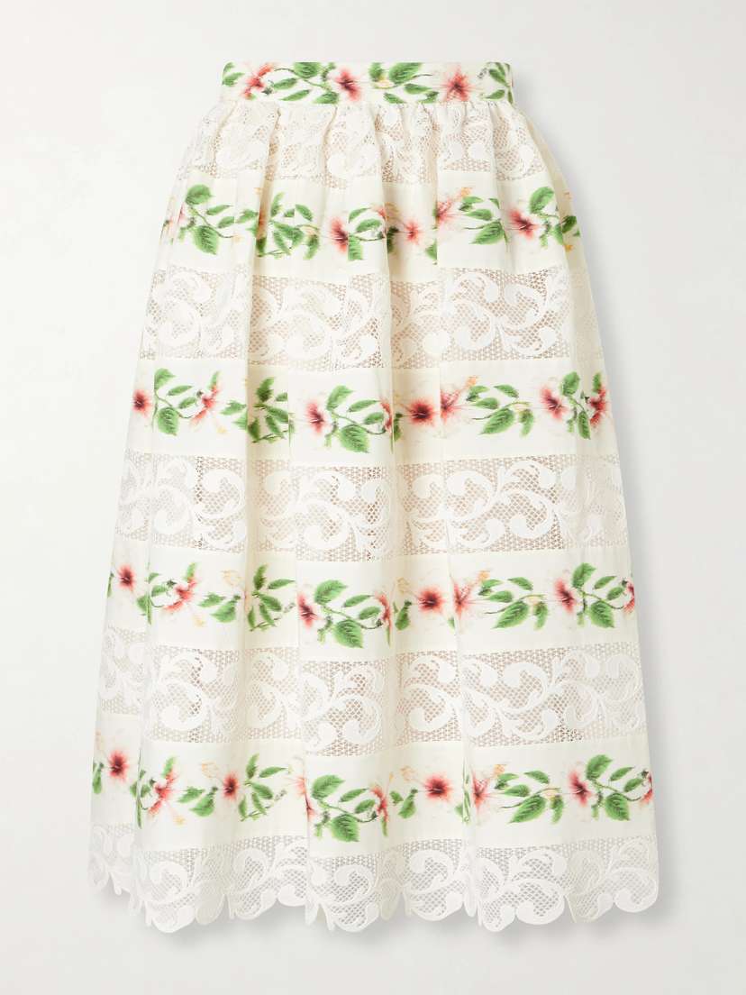 Oscar de la Renta Floral-print Lace-trimmed Cotton-blend Midi Skirt