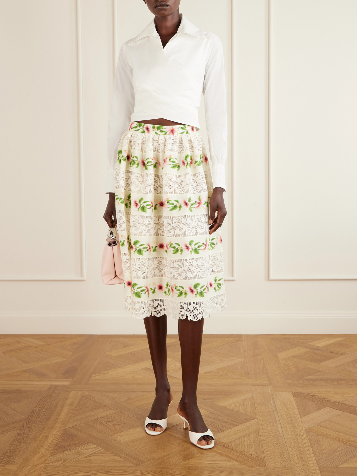 Floral-Print Lace-Trimmed Cotton-Blend Midi