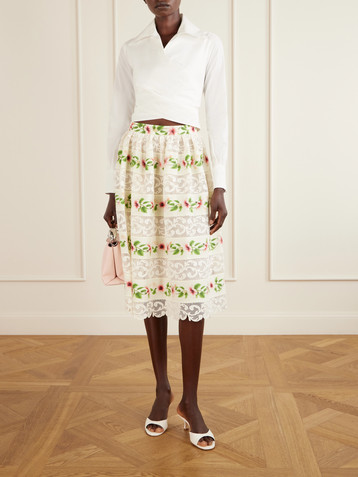 Oscar de la Renta Floral-print lace-trimmed cotton-blend midi skirt