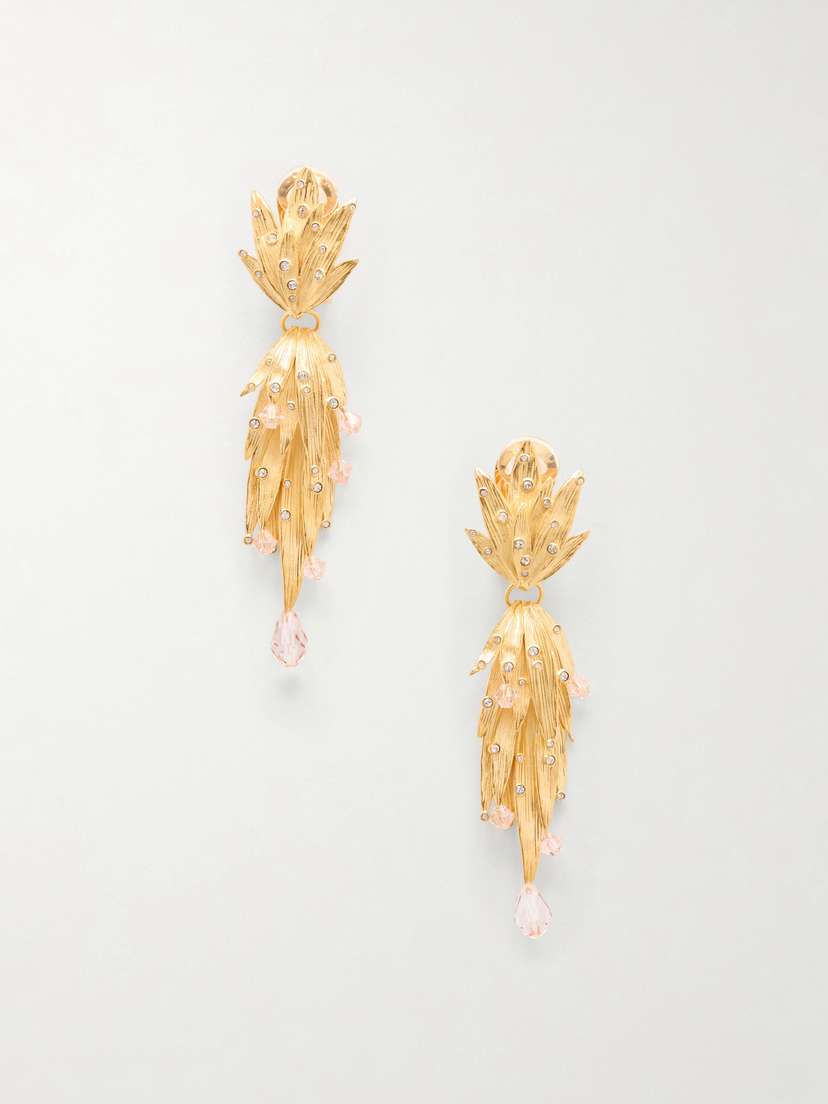 Oscar de la Renta Palm Leaf Crystal-embellished Gold-tone Clip Earrings
