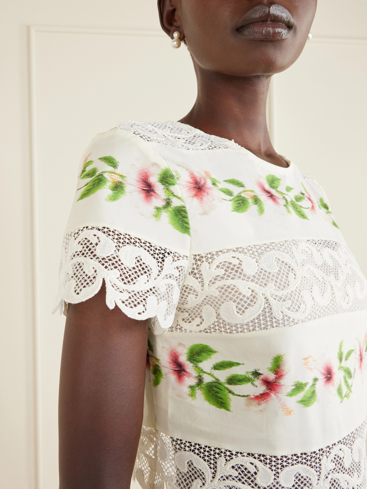 Floral-Print Lace-Trimmed Cotton-Blend Poplin Blouse