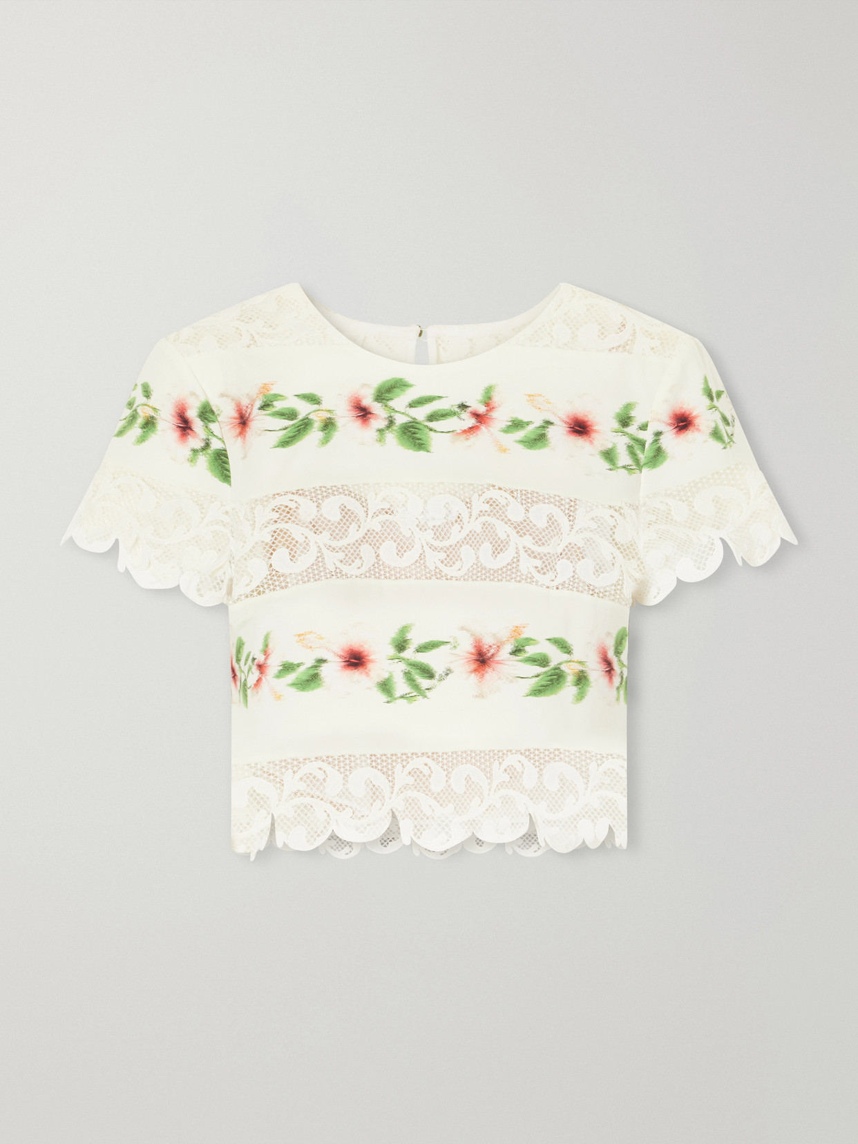 Oscar De La Renta Floral-print Lace-trimmed Cotton-blend Poplin Blouse In White
