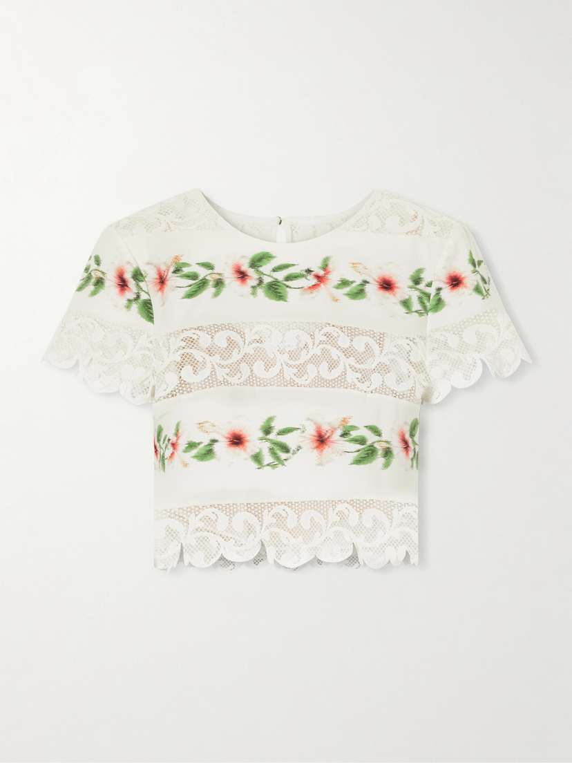 Oscar de la Renta Floral-print Lace-trimmed Cotton-blend Poplin Blouse