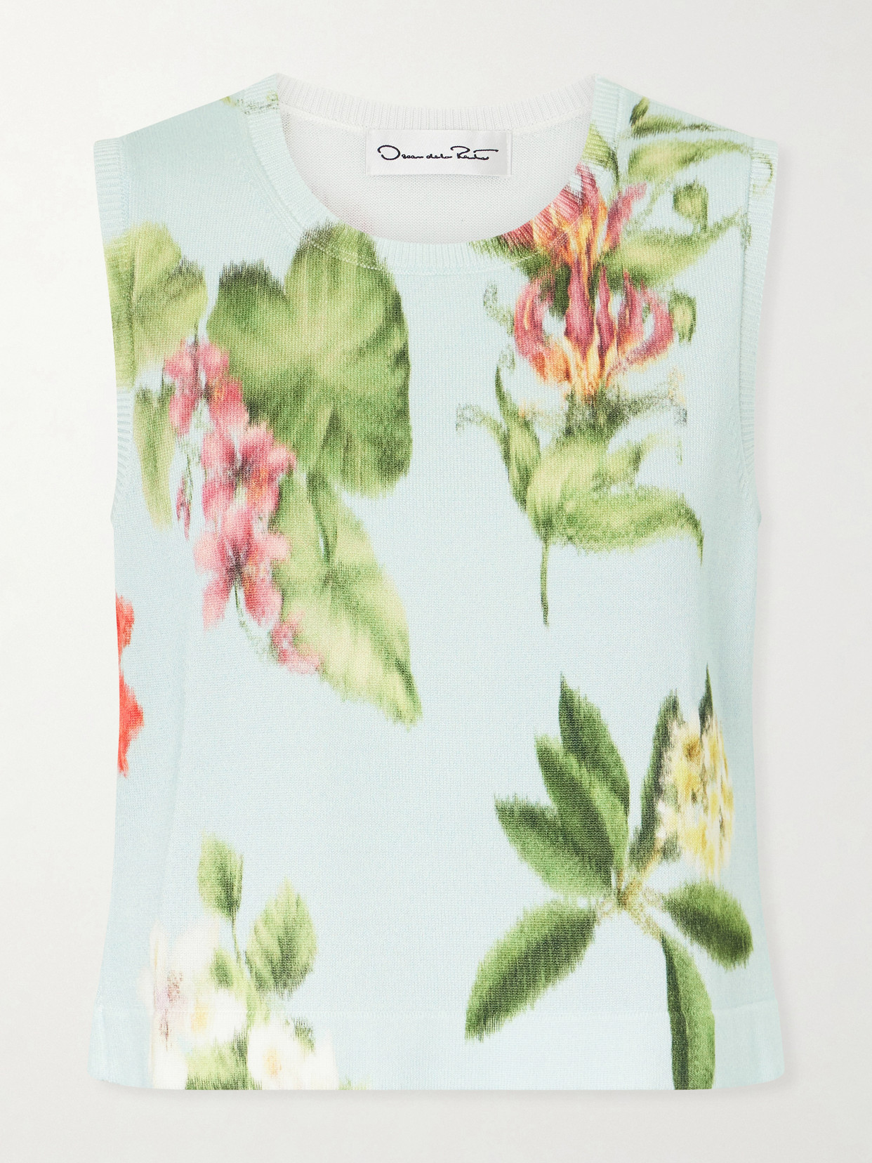 Oscar De La Renta Floral-print Cotton-blend Knitted Tank In Blue