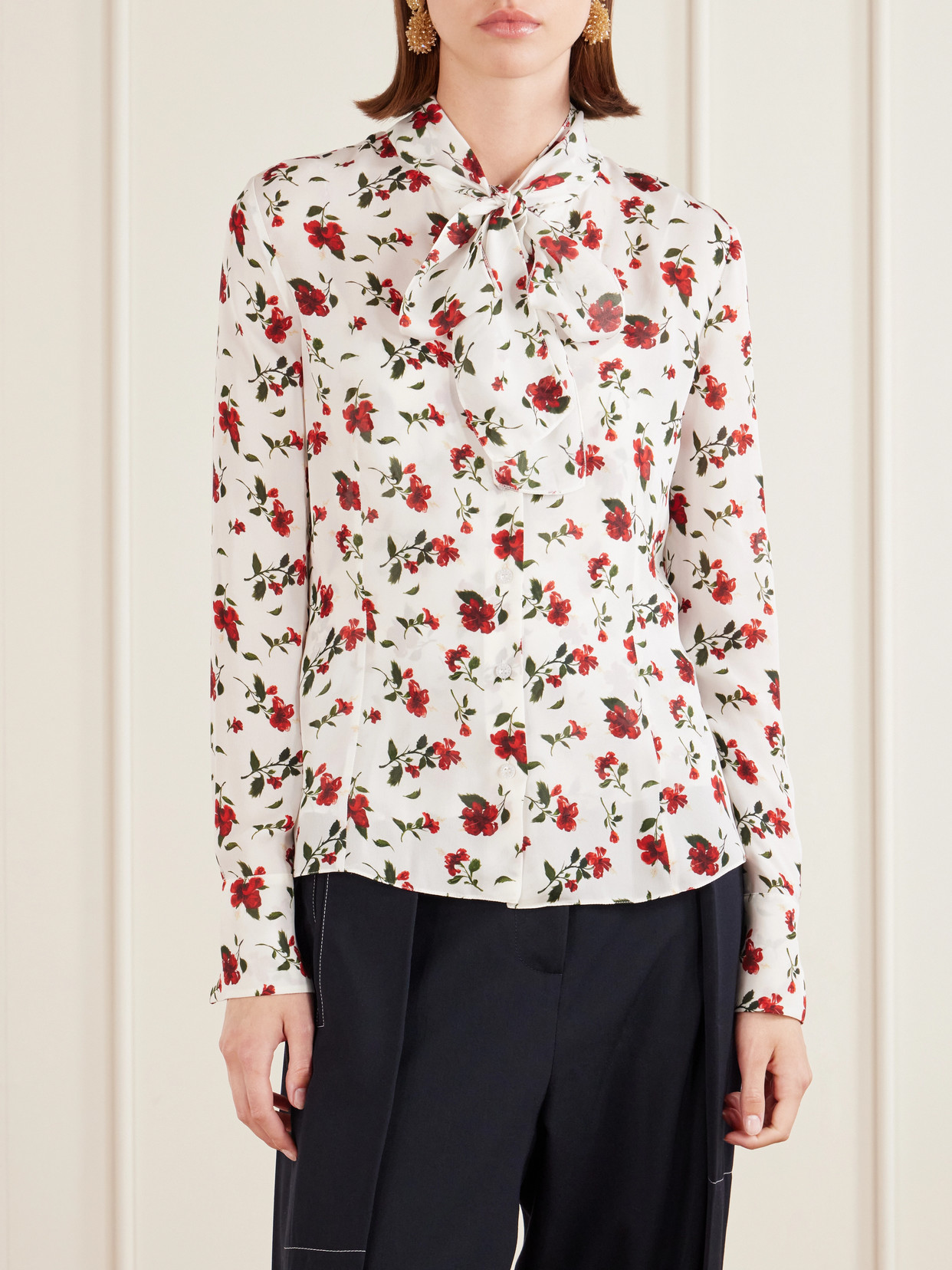 Oscar De La Renta Hibiscus-print Silk Neck-scarf Blouse In Multi