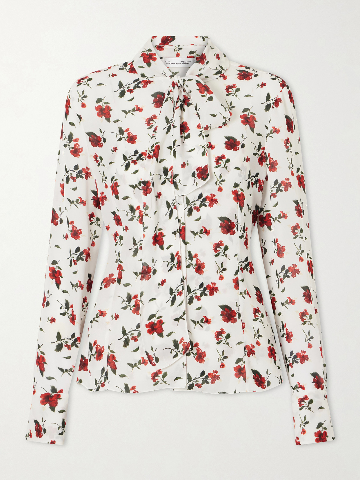Oscar De La Renta Hibiscus-print Silk Neck-scarf Blouse In Multi