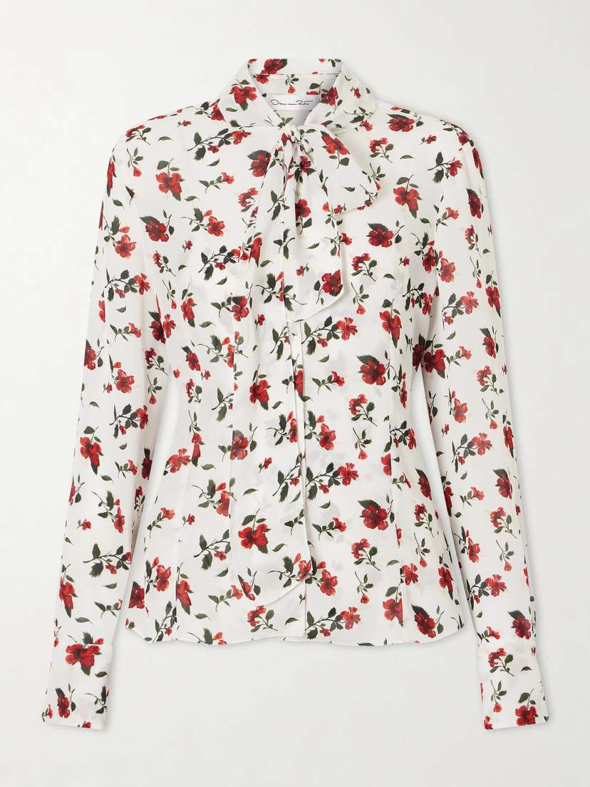 Oscar de la Renta Hibiscus Floral-print Silk Blouse