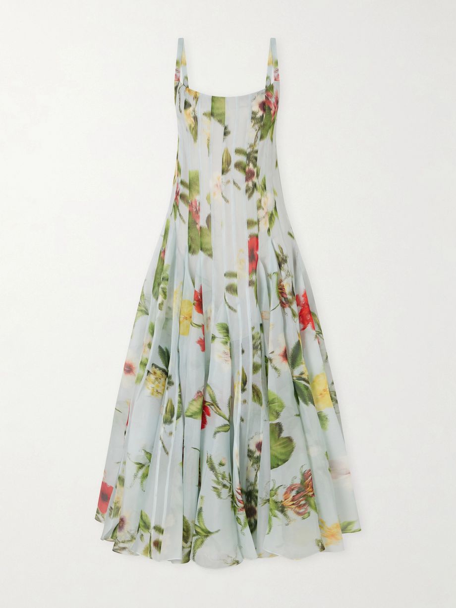Paneled floral-printed organza silk gown