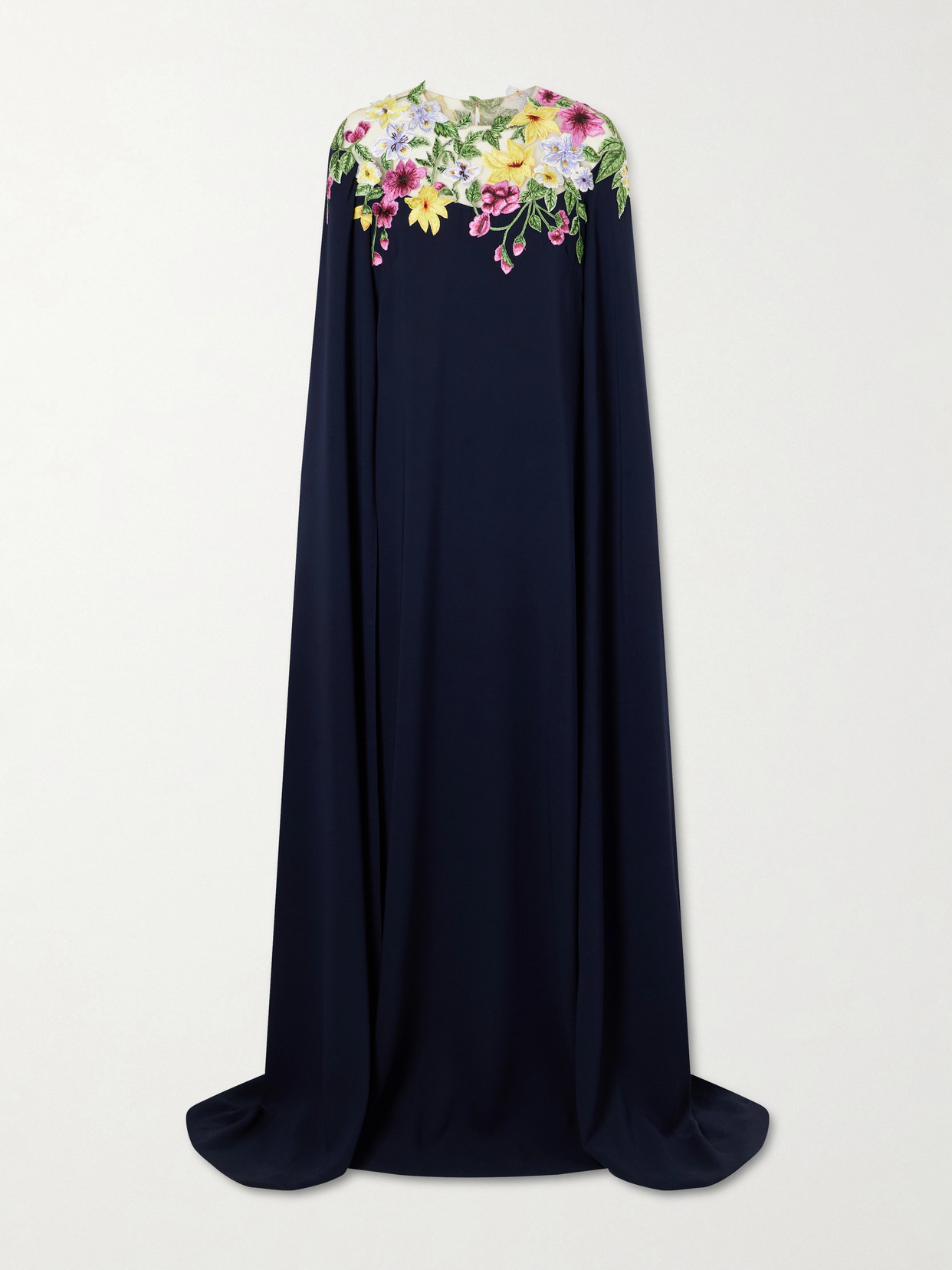 Oscar De La Renta Cape-effect Floral-embroidered Silk-blend Georgette Gown In Blue