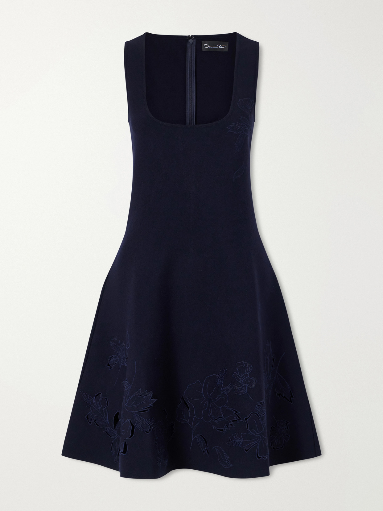 Oscar De La Renta Laser-cut Embroidered Knitted Mini Dress In Blue