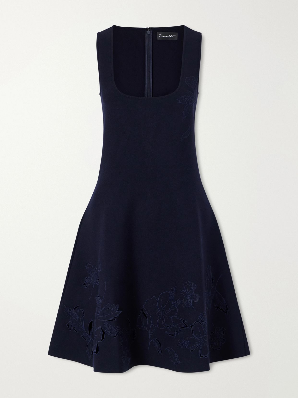 Laser-cut embroidered knitted mini dress
