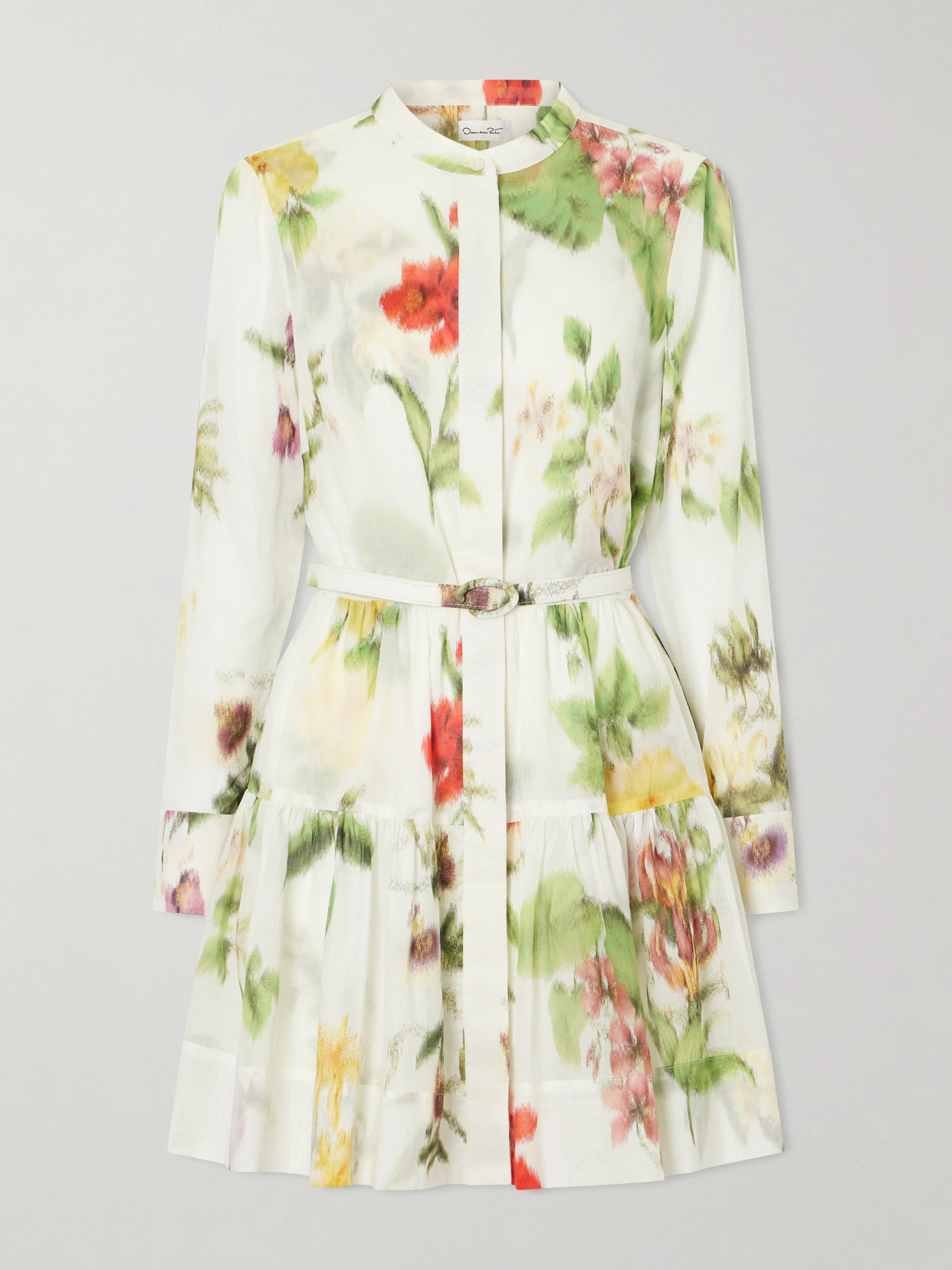 Oscar De La Renta Belted Floral-print Cotton-voile Mini Dress In White