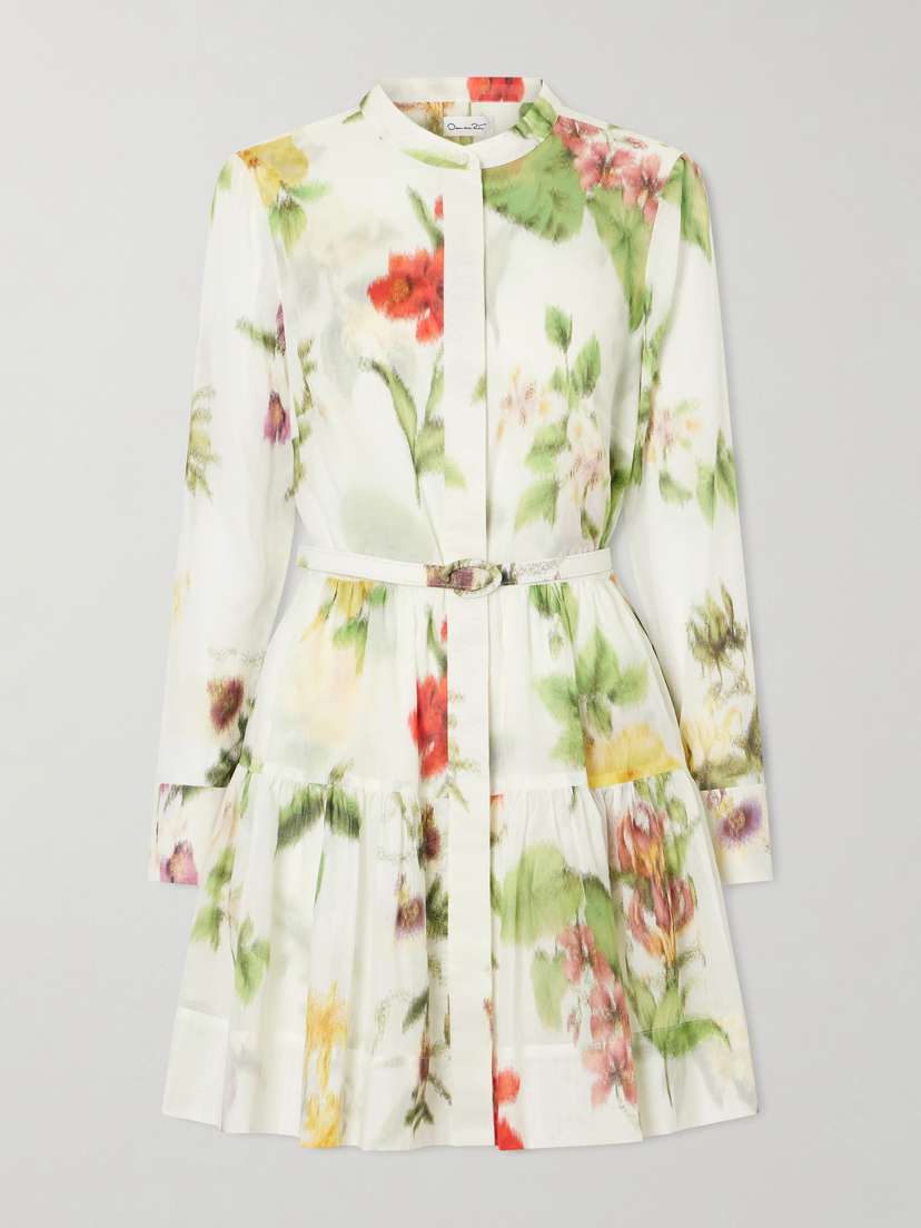 Oscar de la Renta Belted Floral-print Cotton-voile Mini Dress