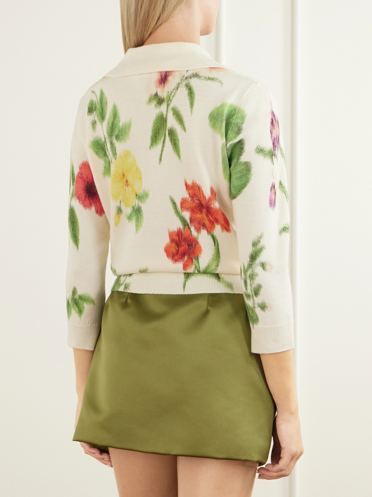 Floral-Printed Wool Polo Sweater