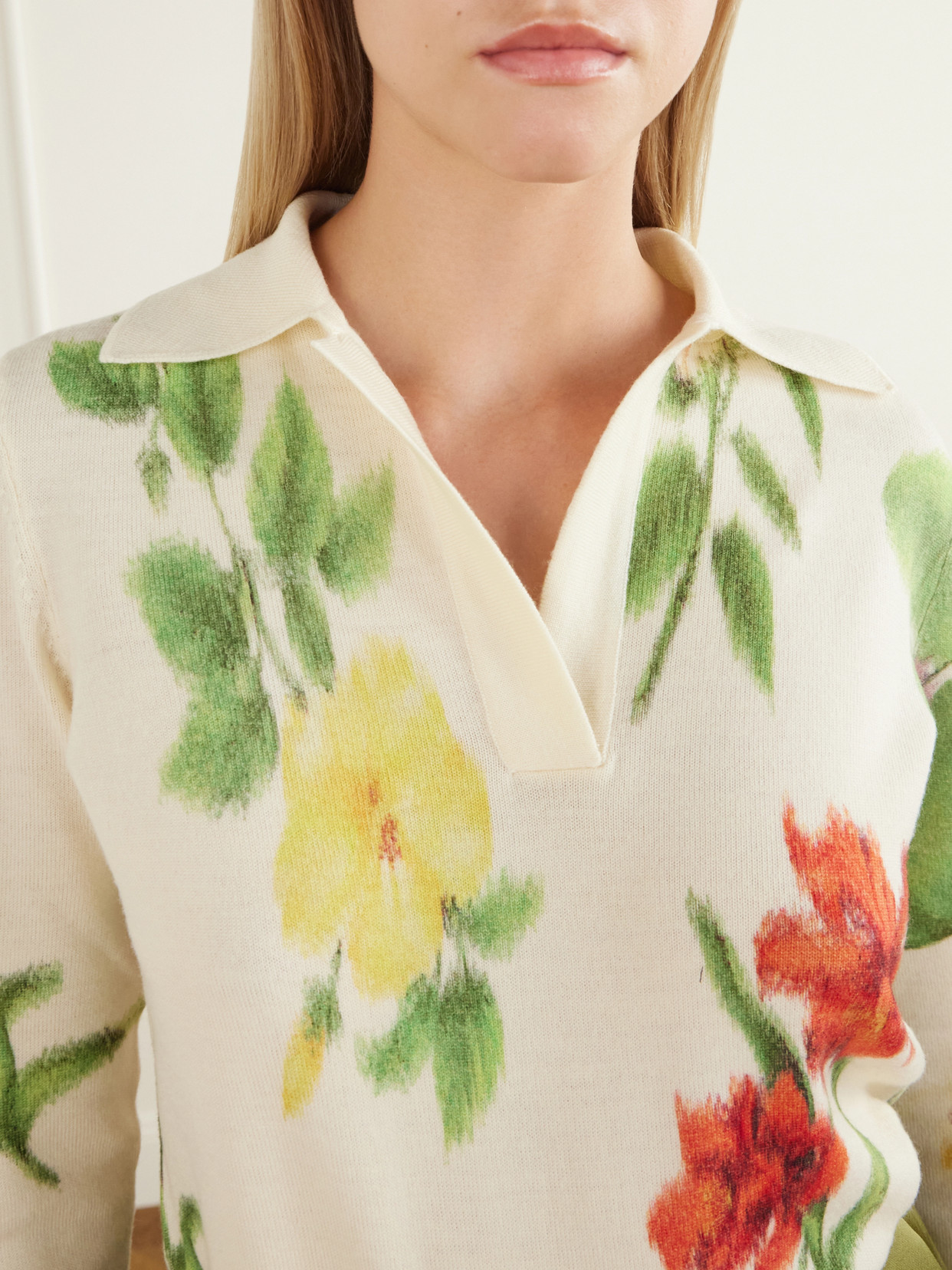 Floral-Printed Wool Polo Sweater