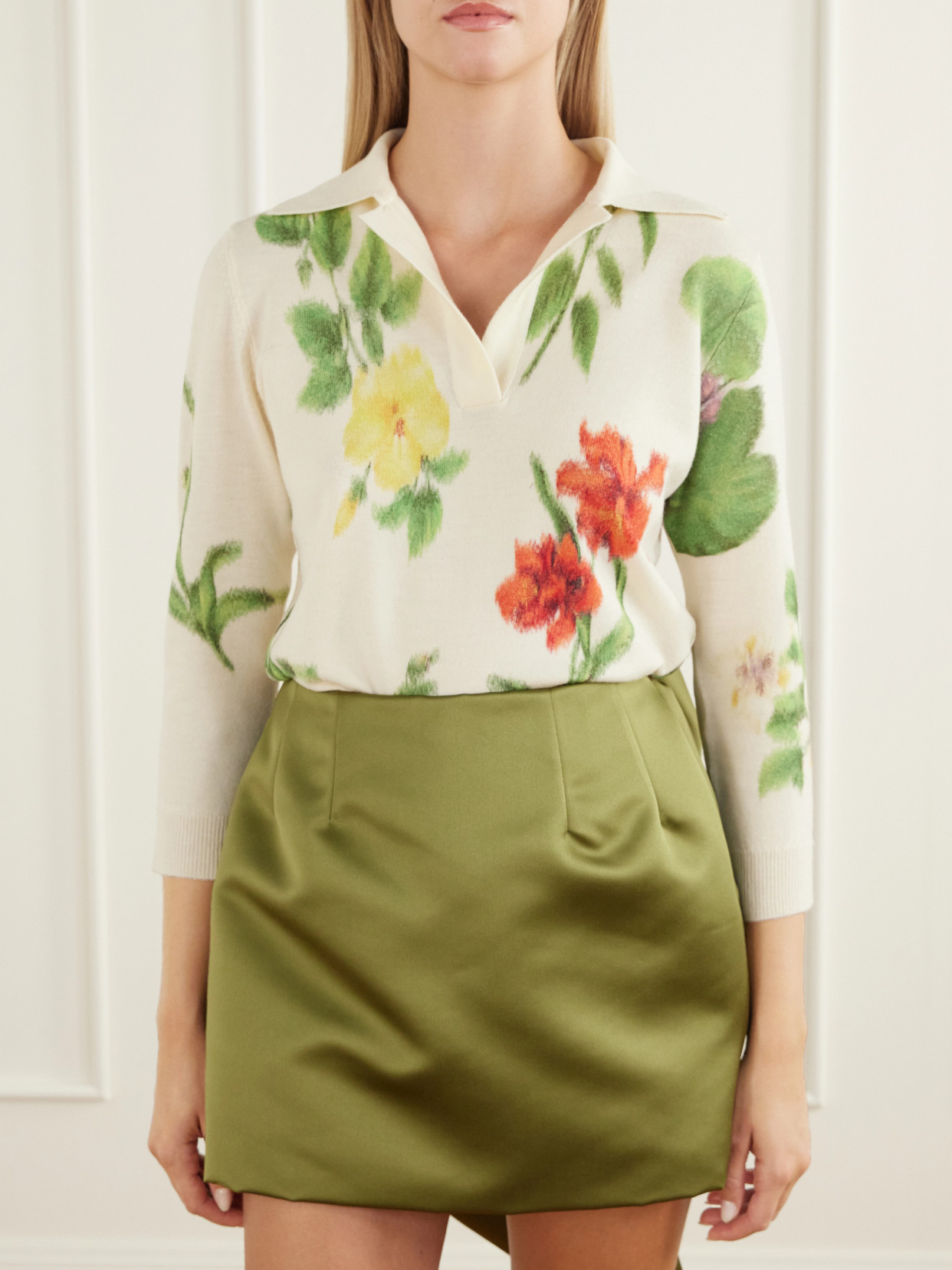 Floral-Printed Wool Polo Sweater