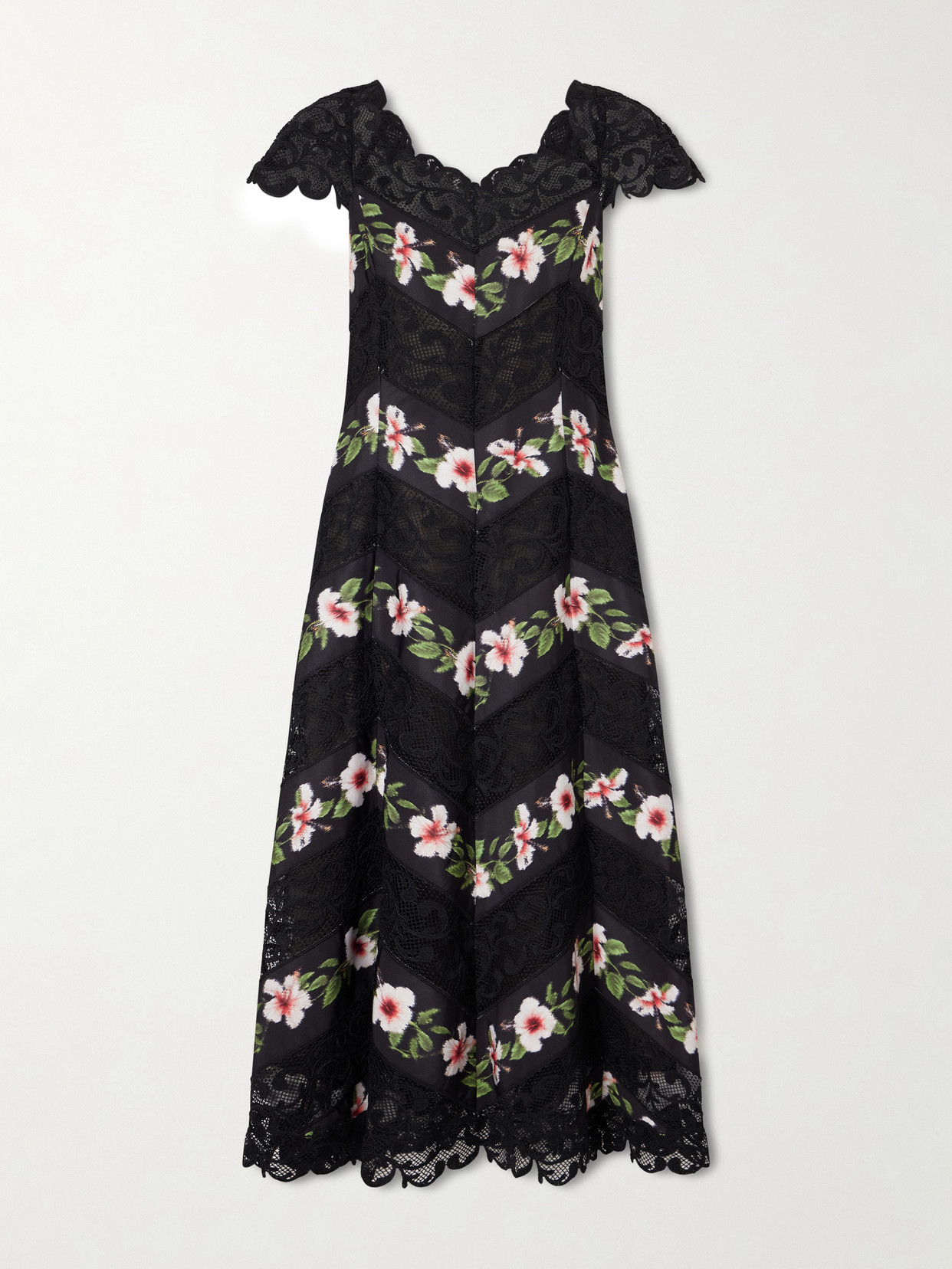 Oscar De La Renta Floral-print Faille And Lace Midi Dress In Black