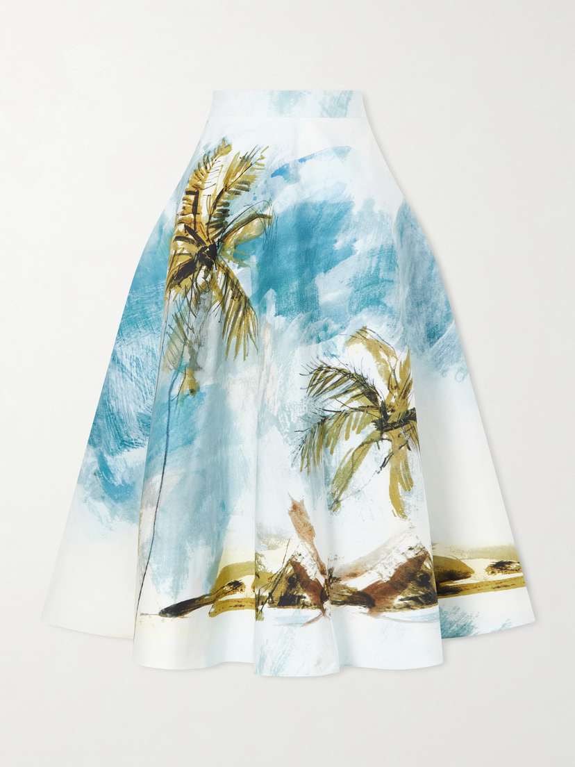 Oscar de la Renta All Over Beach Printed Cotton-blend Poplin Midi Skirt