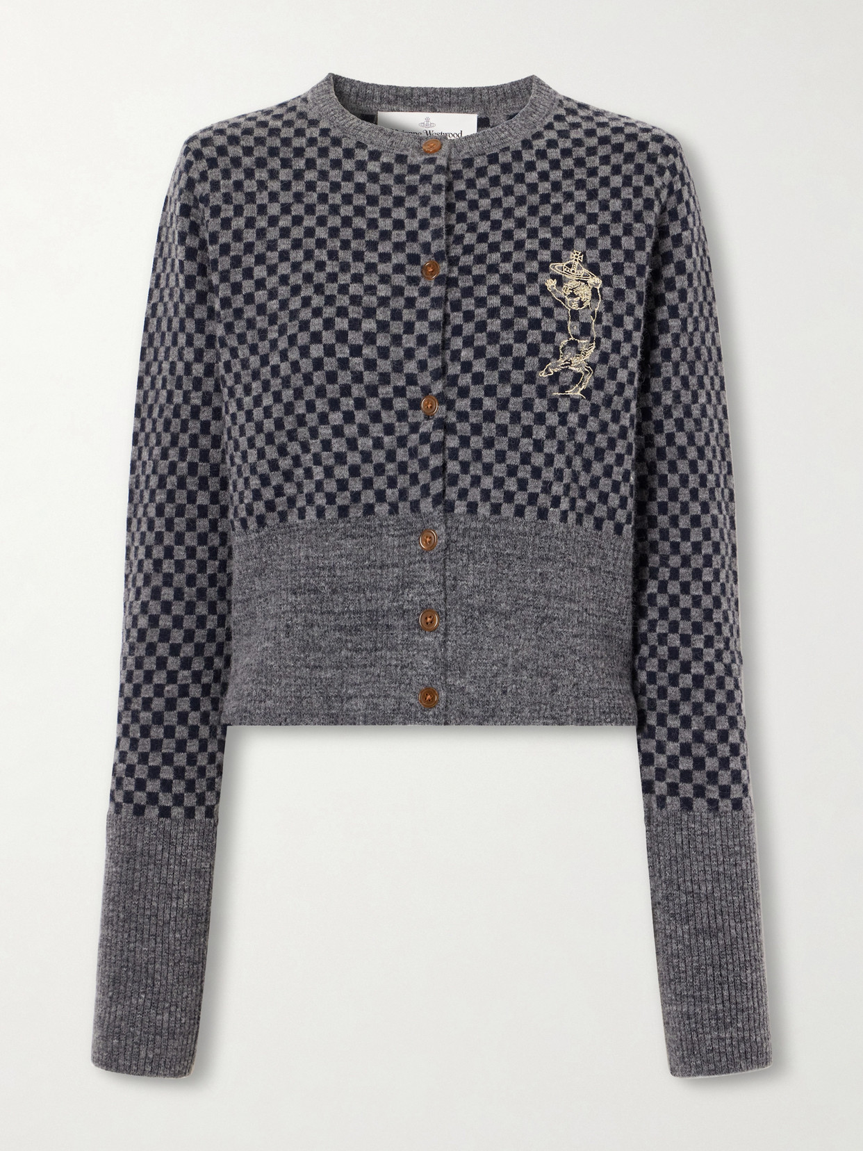 Vivienne Westwood Checkmate Logo-embroidered Alpaca, Cotton And Wool-blend Cardigan In Gray