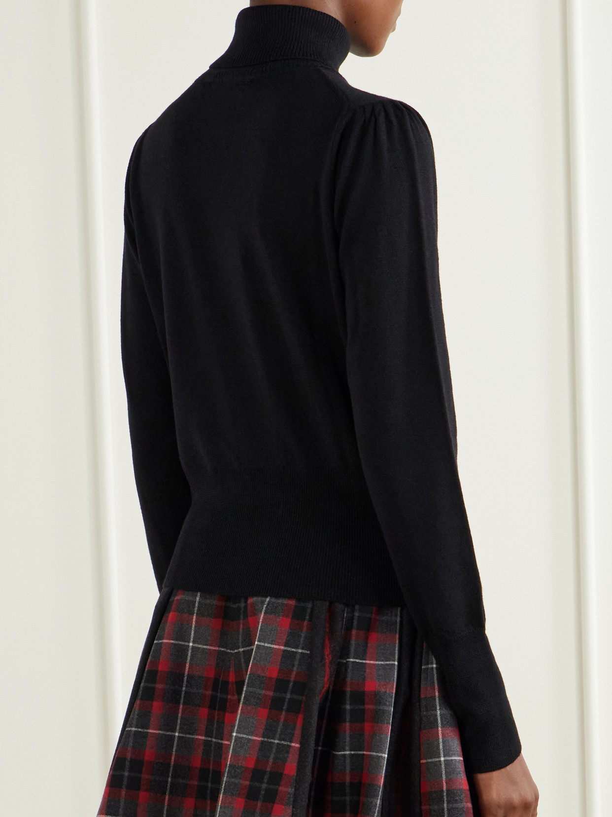 Pamela Logo-Embroidered Gathered Wool Turtleneck Sweater