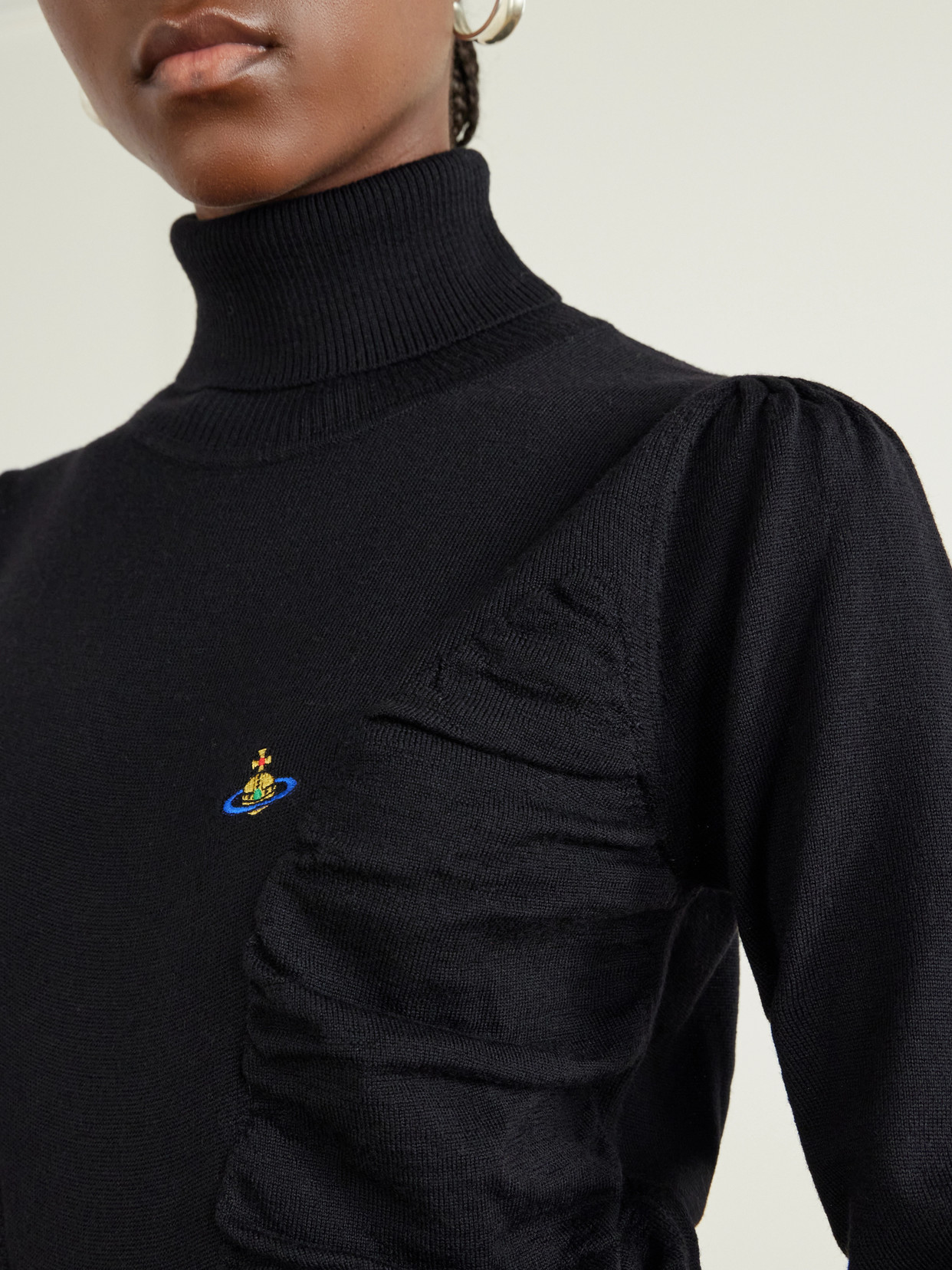 Pamela Logo-Embroidered Gathered Wool Turtleneck Sweater