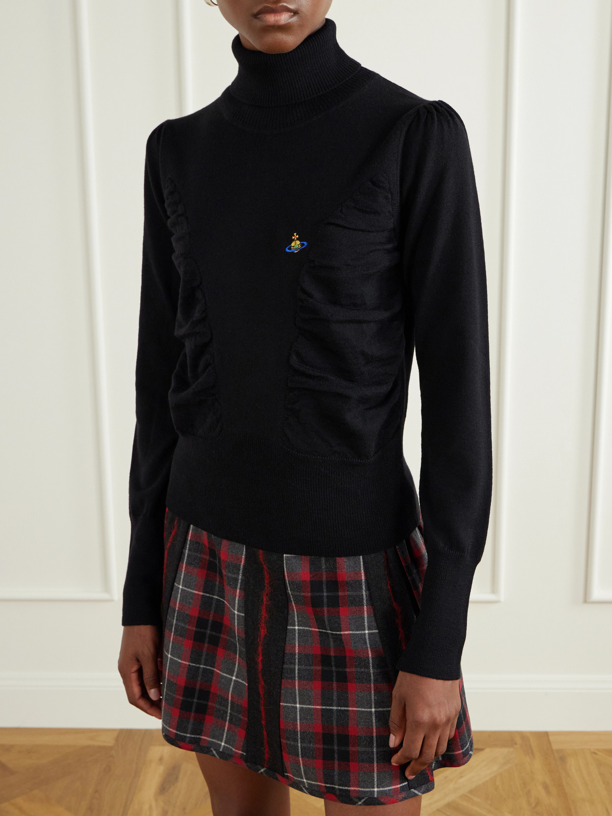 Pamela Logo-Embroidered Gathered Wool Turtleneck Sweater