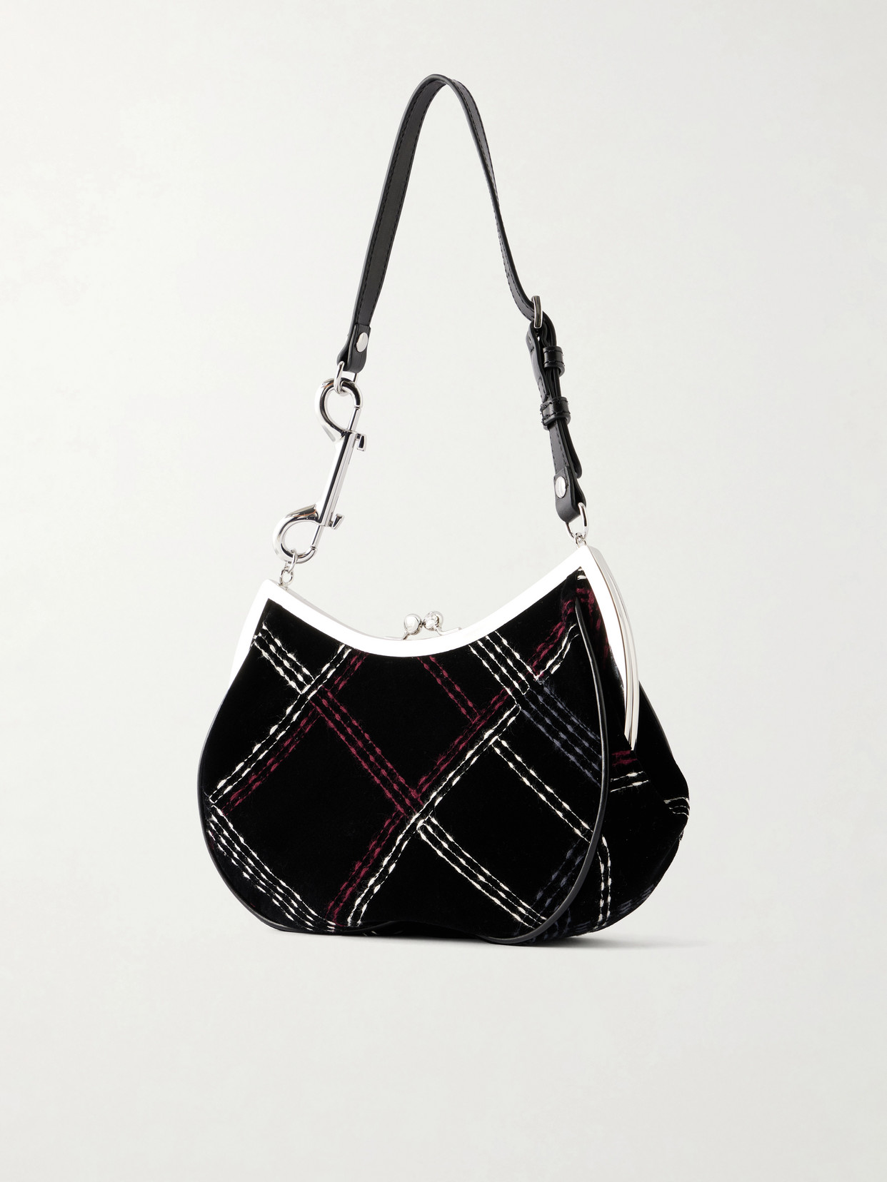 Charm Frame Embellished Embroidered Velvet Shoulder Bag