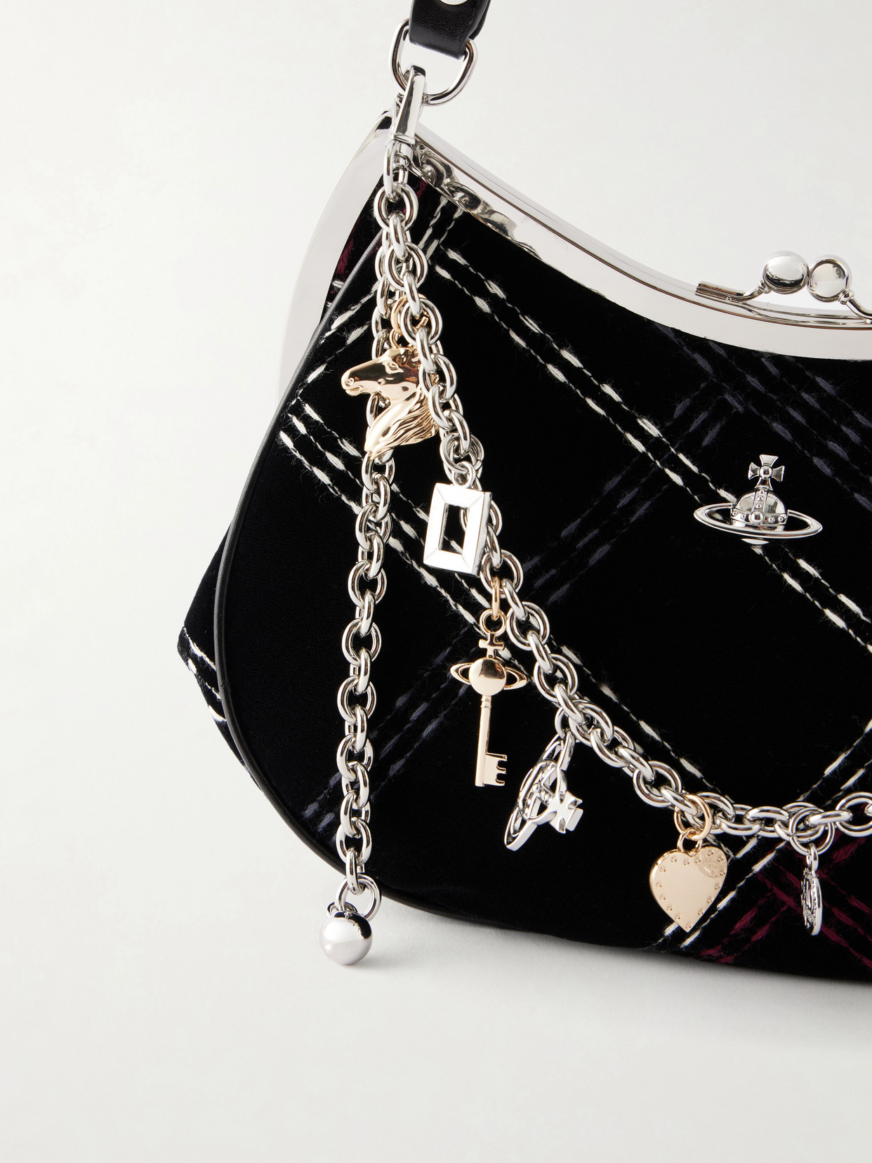 Charm Frame Embellished Embroidered Velvet Shoulder Bag