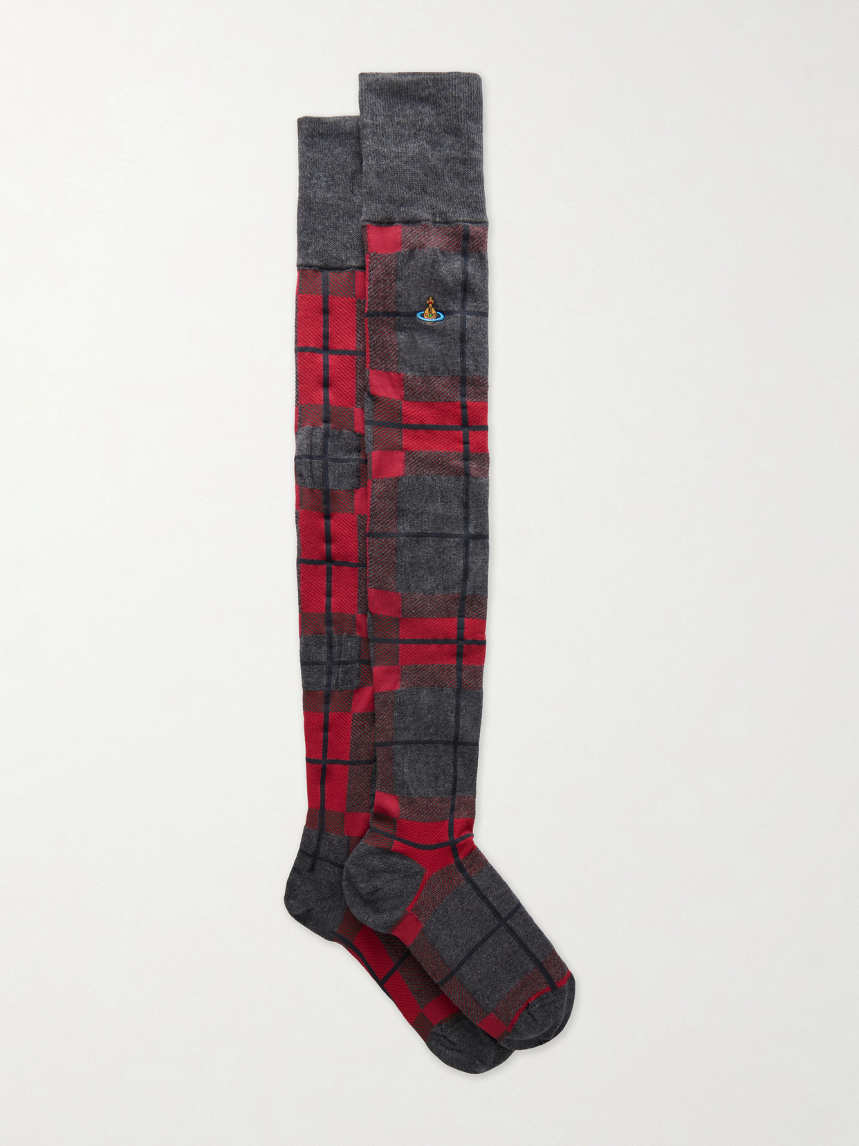 Vivienne Westwood Locharron Orb-embroidered Checked Knitted Socks In Gray