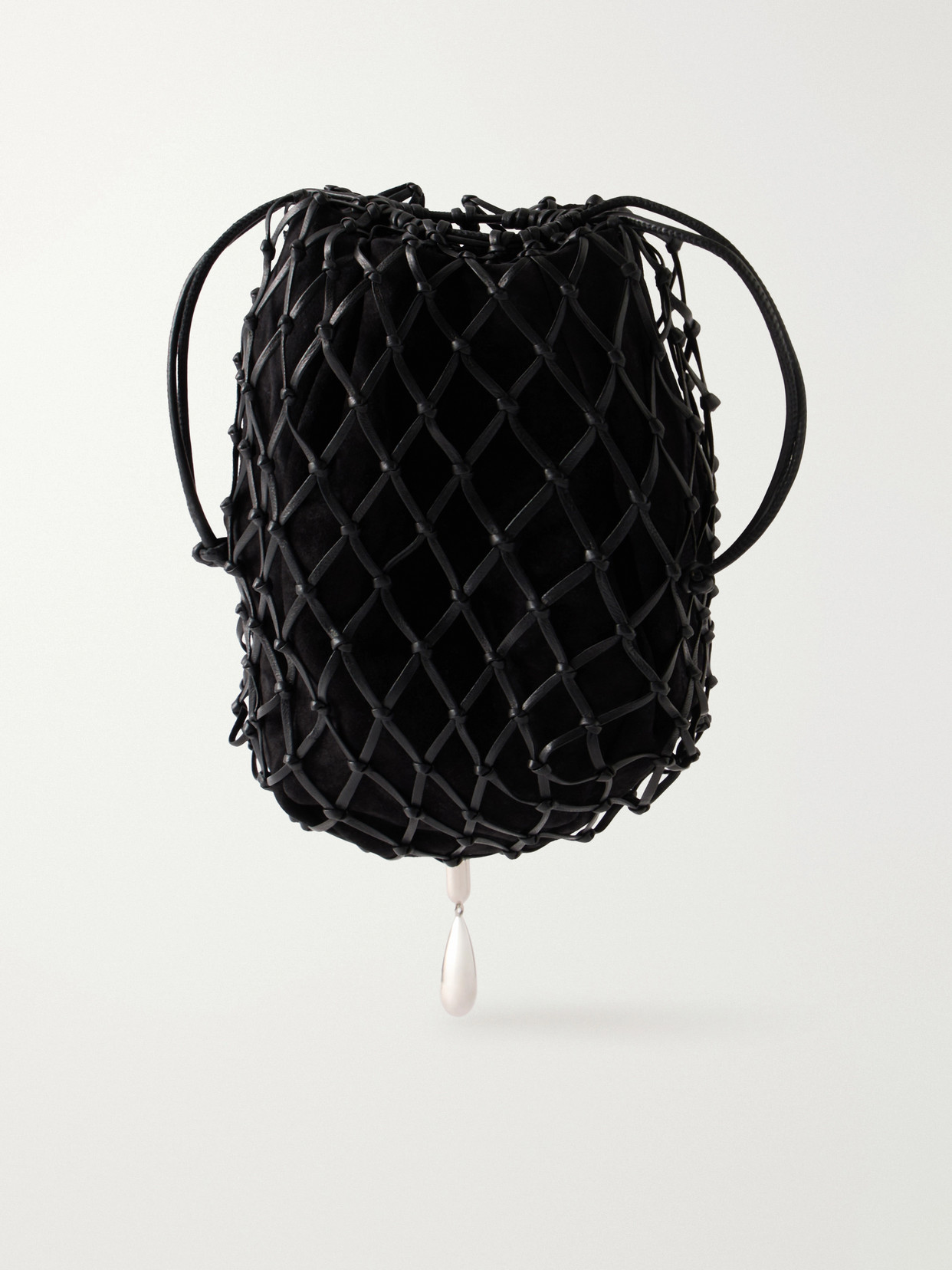 Savette Macrame Bead-embellished Suede-trimmed Leather Pouch In Black