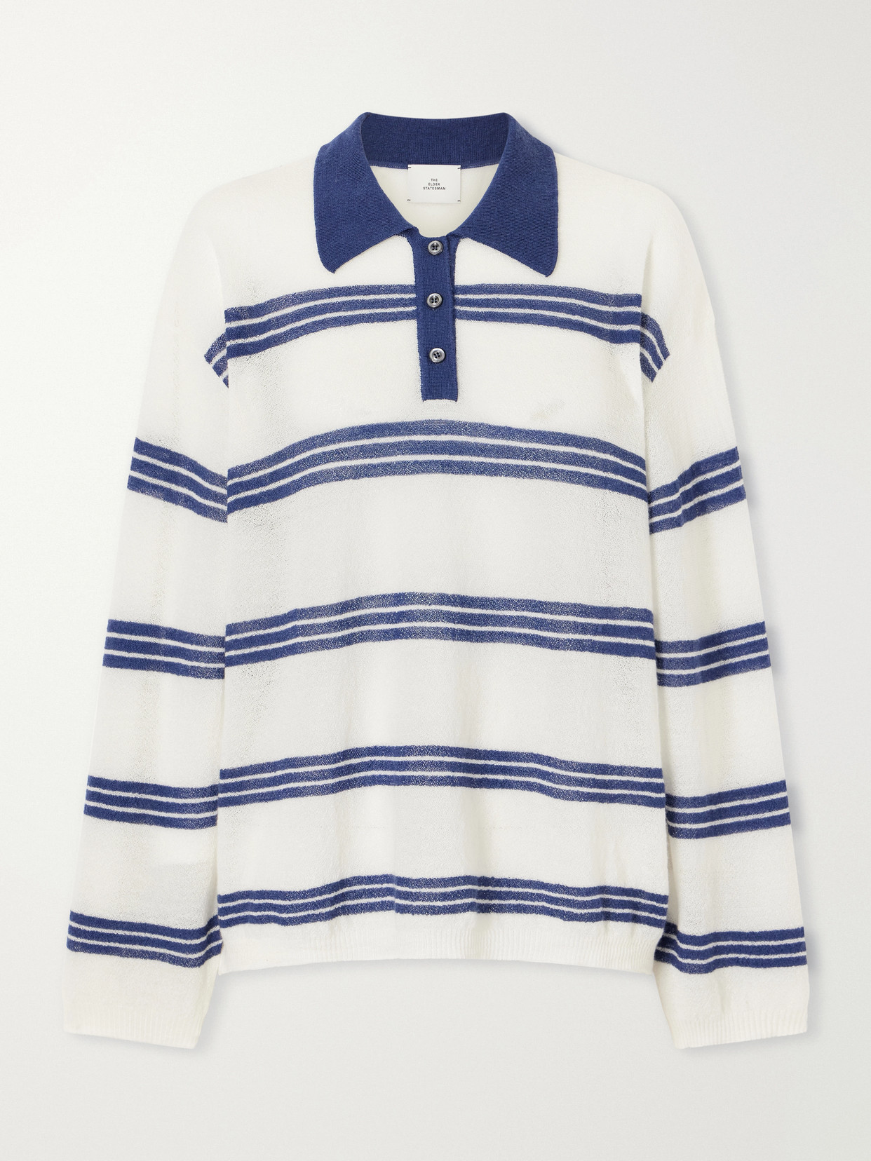 The Elder Statesman Striped Cashmere And Mohair-blend Polo Shirt In White