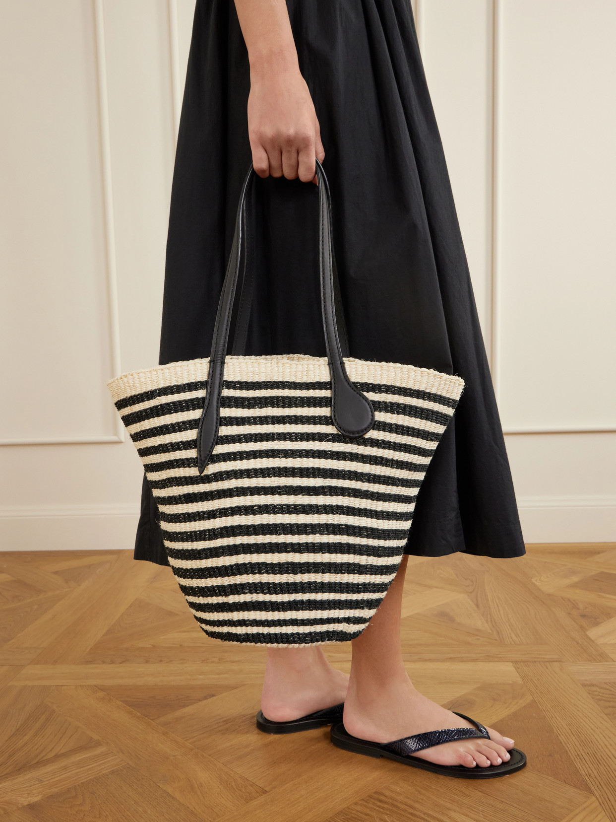 Striped Leather-Trimmed Sisal Shoulder Bag