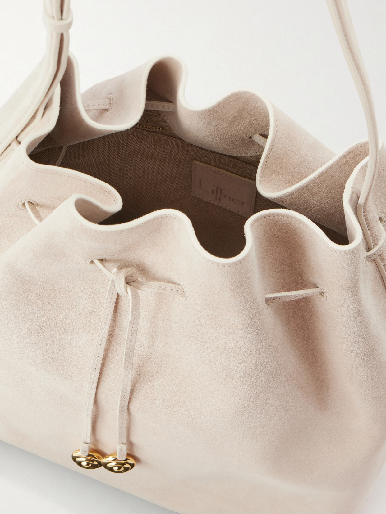 Liffner Charm Suede Drawstring Shoulder Bag In Neutral