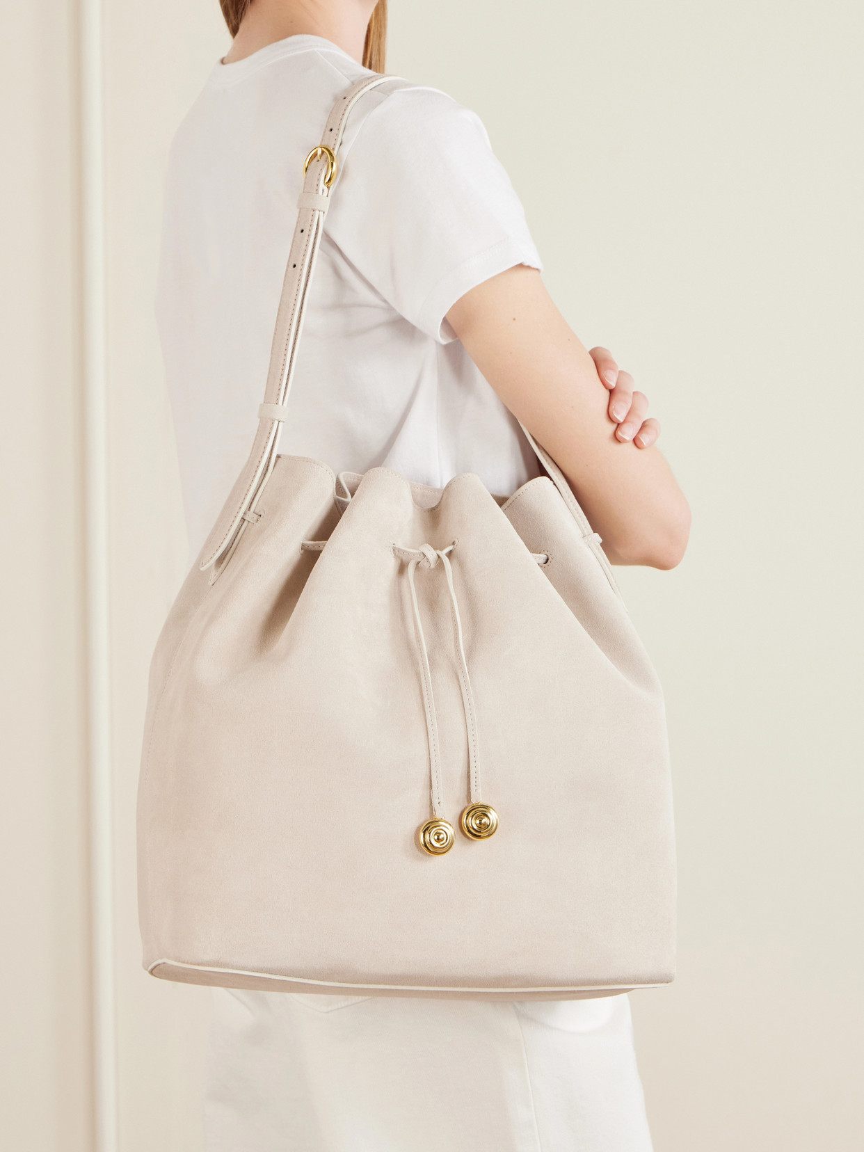 Liffner Charm Suede Drawstring Shoulder Bag In Neutral