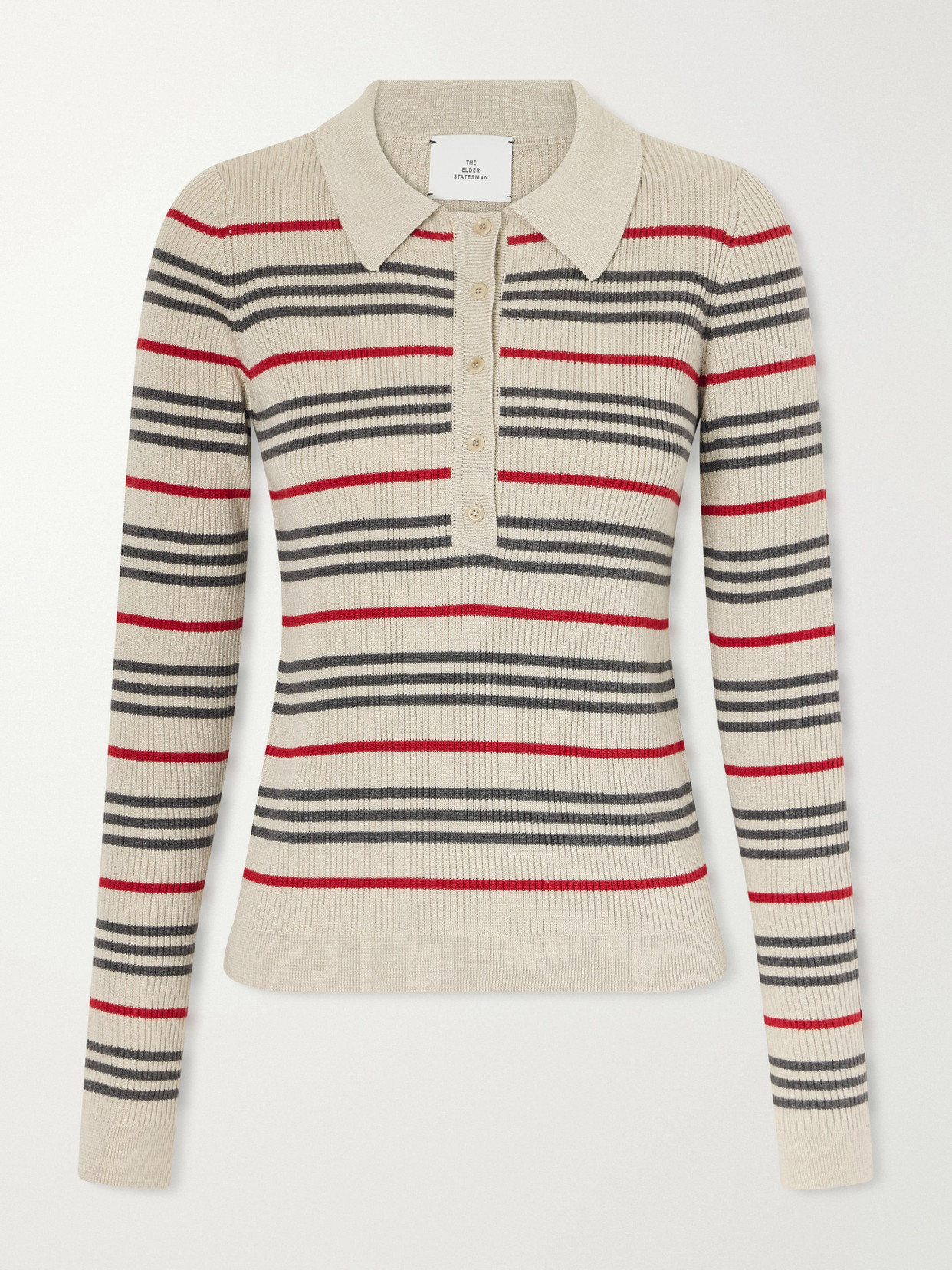 The Elder Statesman Libeccio Stripped Wool, Silk And Linen-blend Knitted Polo In Neutrals