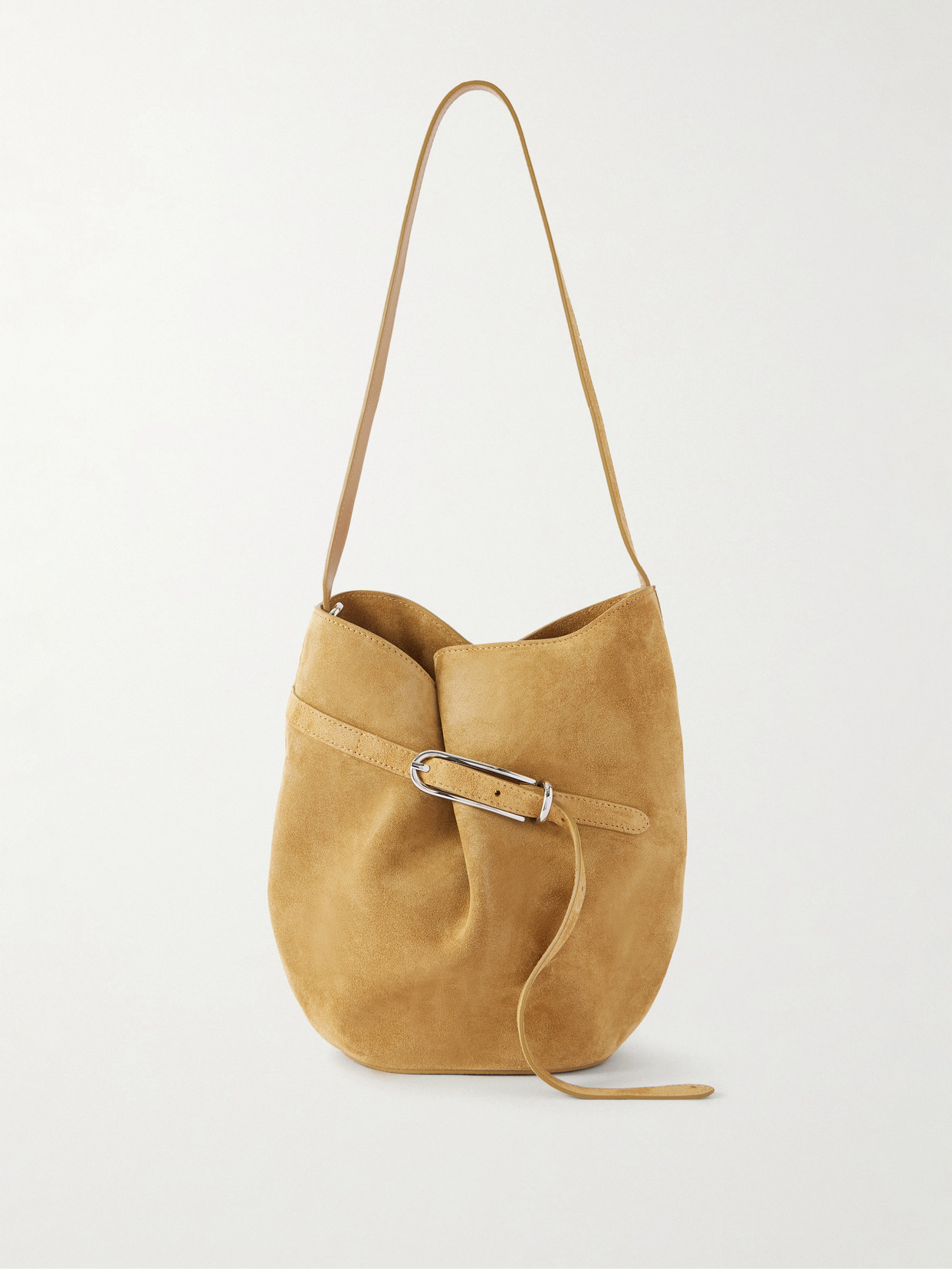 Liffner Belted Suede Bucket Bag In Brown