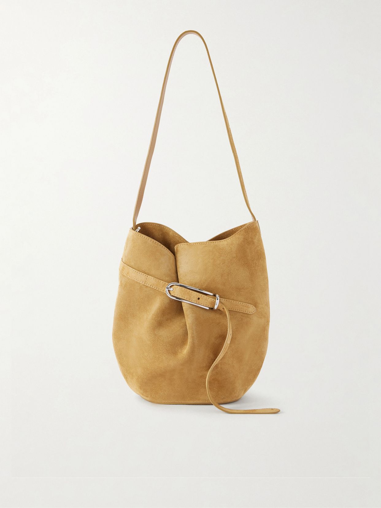 Belted suede bucket bag