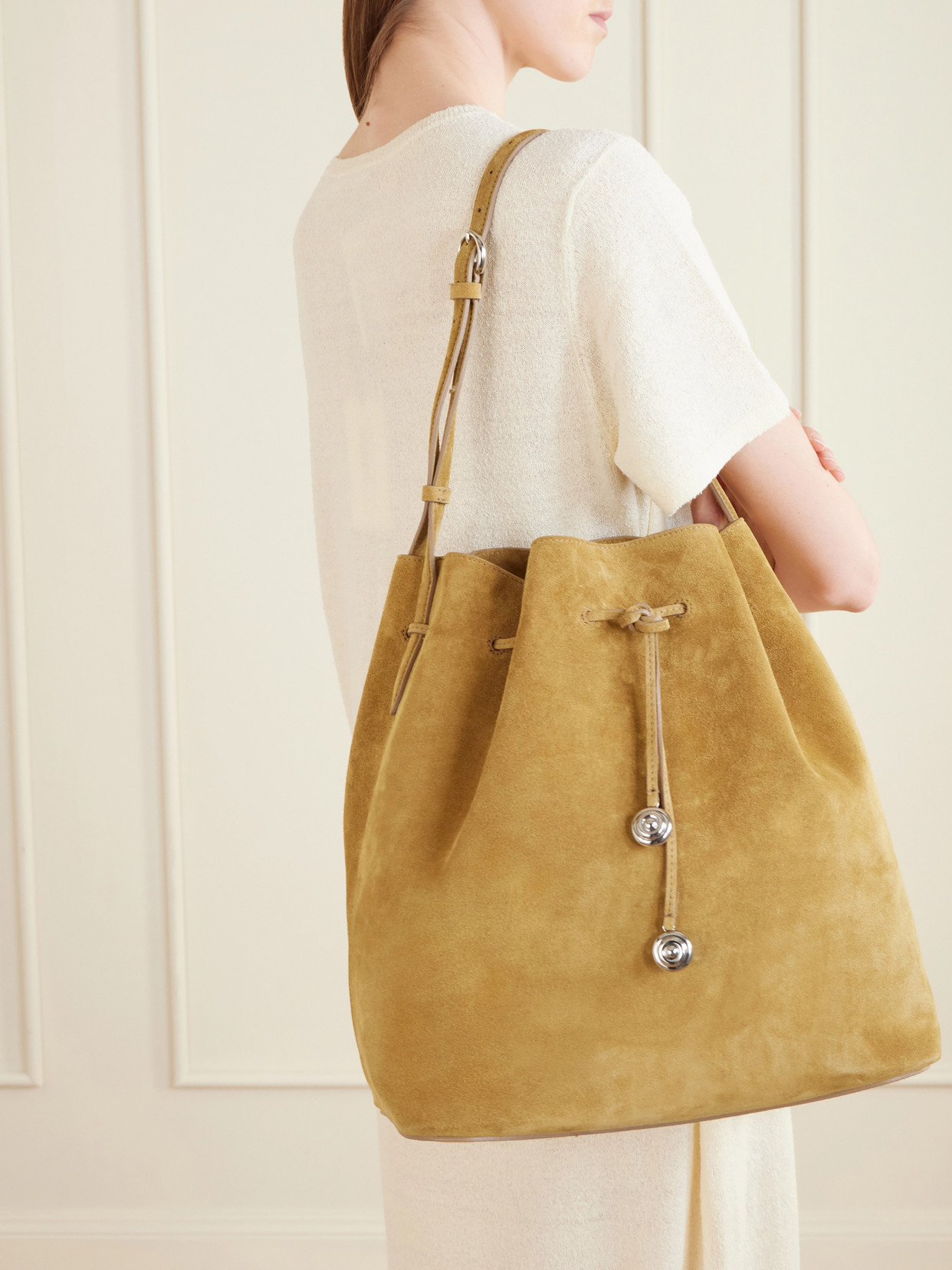Charm Suede Drawstring Shoulder Bag