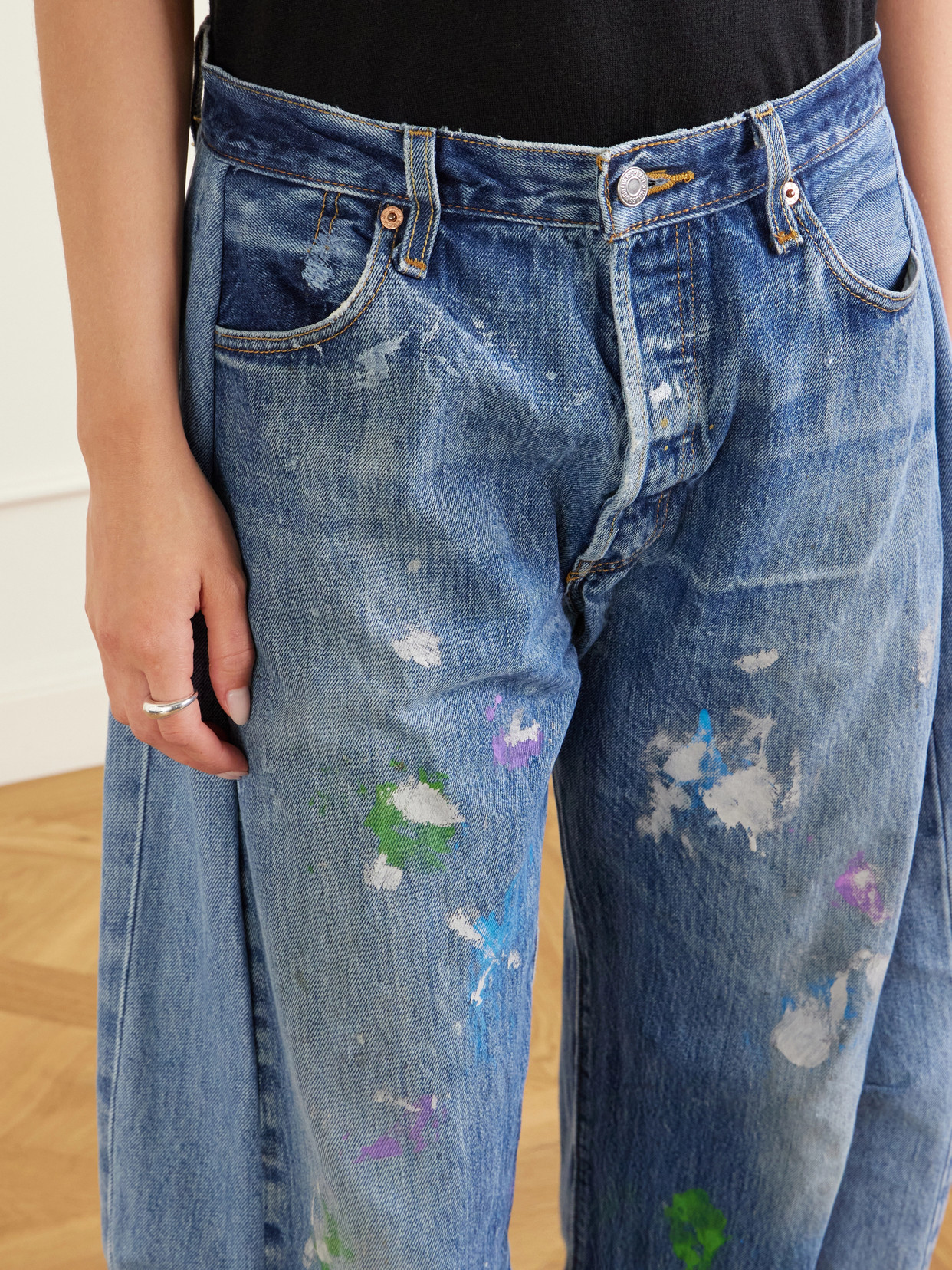 Vintage Lasso Distressed Frayed Paneled Paint-Splatter Wide- Leg