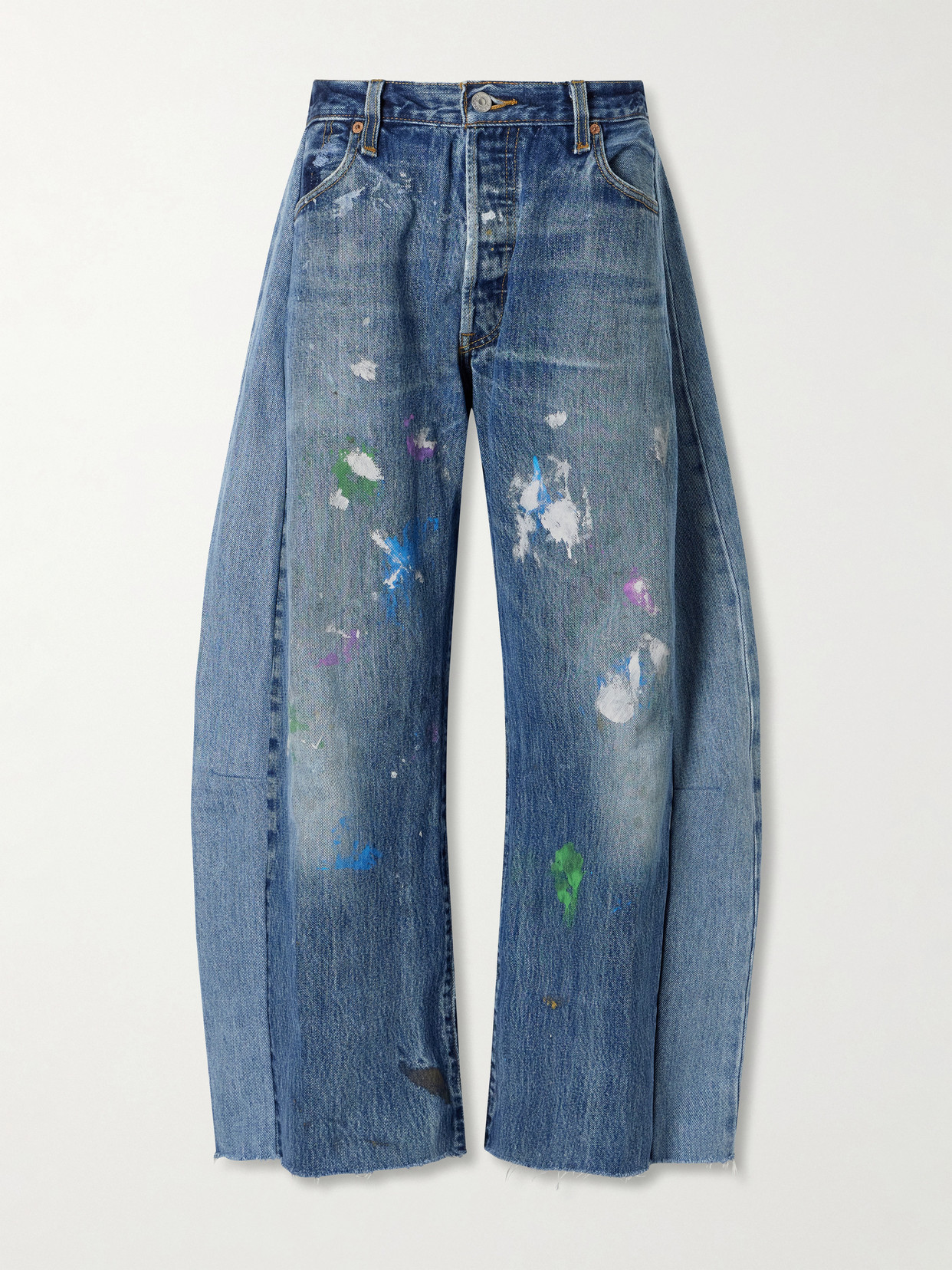 B Sides Vintage Lasso Distressed Frayed Paneled Paint-splatter Wide-leg Jeans In Blue