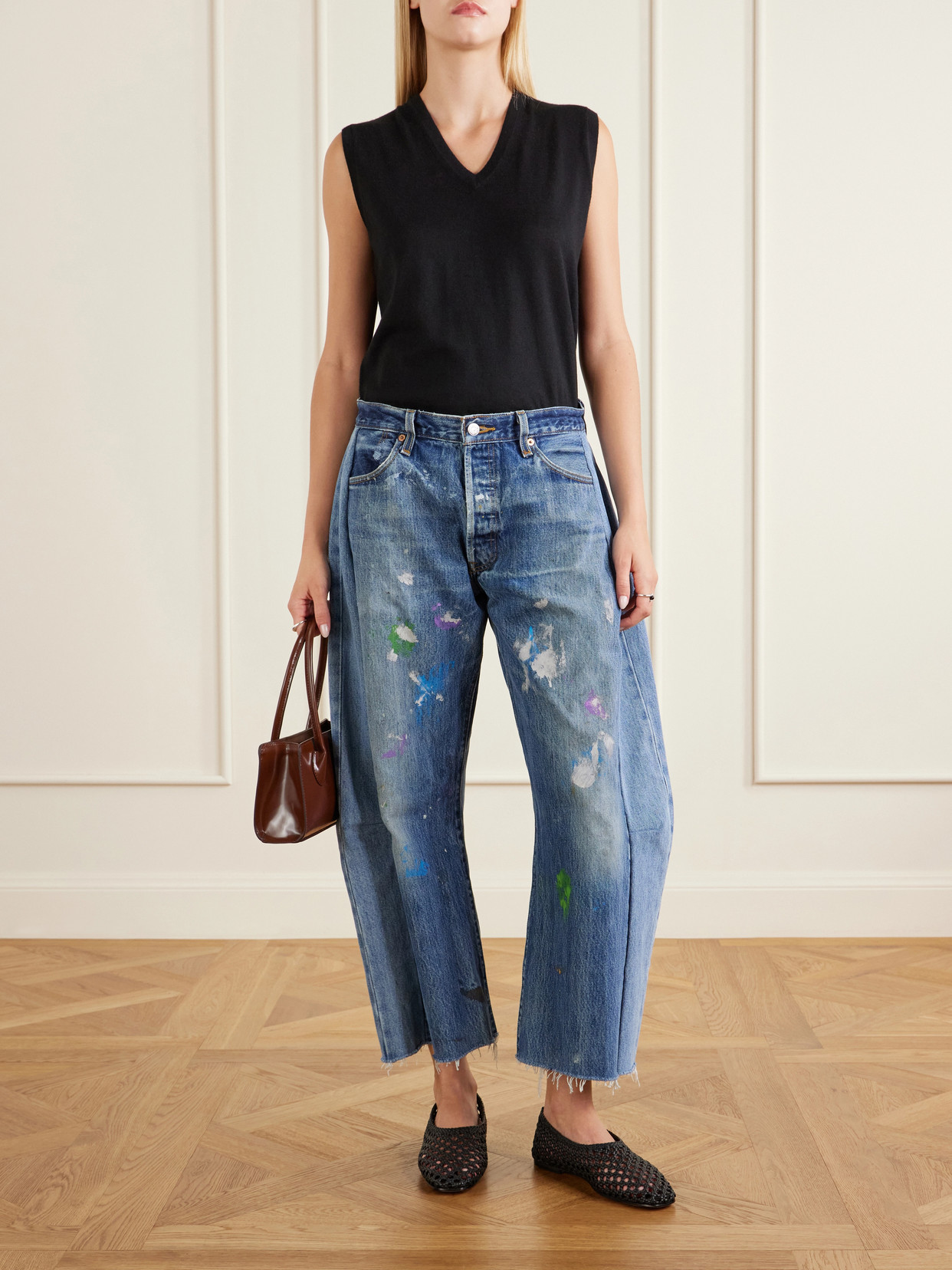 Vintage Lasso Distressed Frayed Paneled Paint-Splatter Wide- Leg