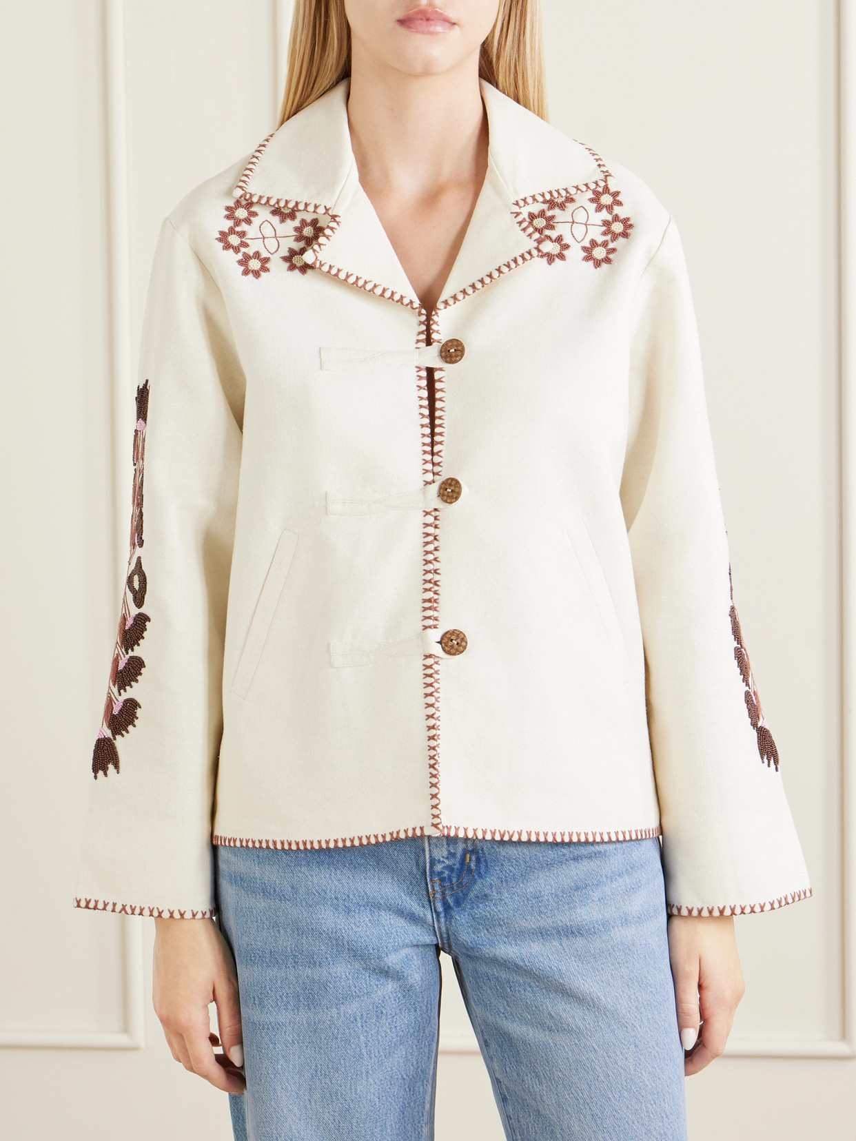 Western Cactus Bead-Embellished Textured-Silk Jacket
