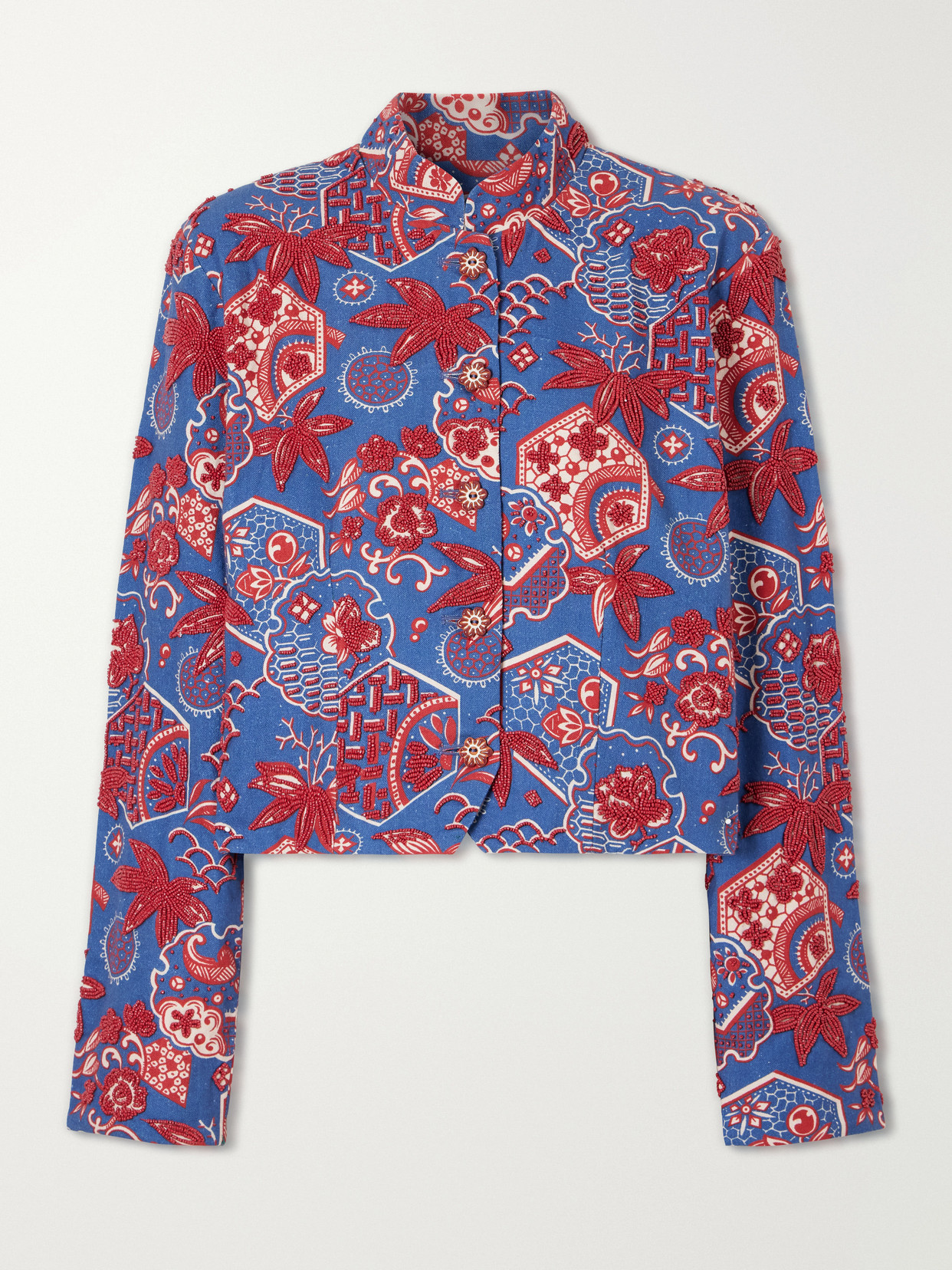 Alix Of Bohemia Clarke Delft Hive Cropped Embellished Printed Cotton Jacket In Blue