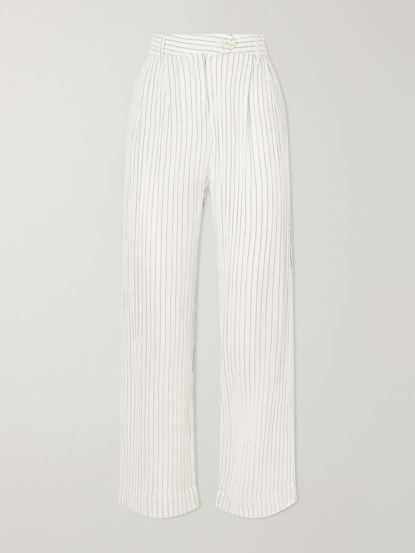 ALIX OF BOHEMIA Diana Sea Salt Pleated Pinstriped Cotton-gauze Wide-leg Pants