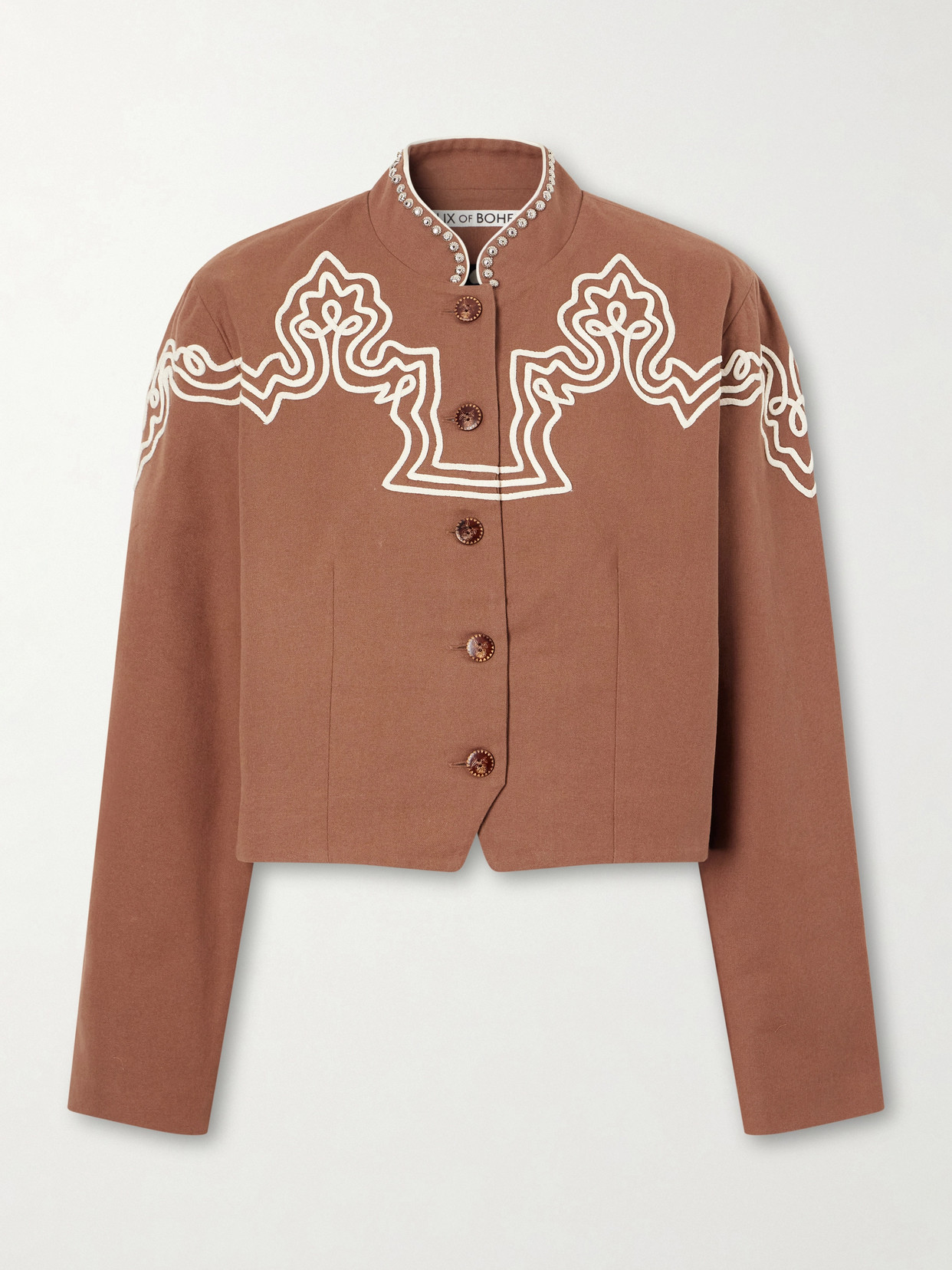 Alix Of Bohemia Clarke Clove Spur Cropped Appliquéd Cotton-poplin Jacket In Brown