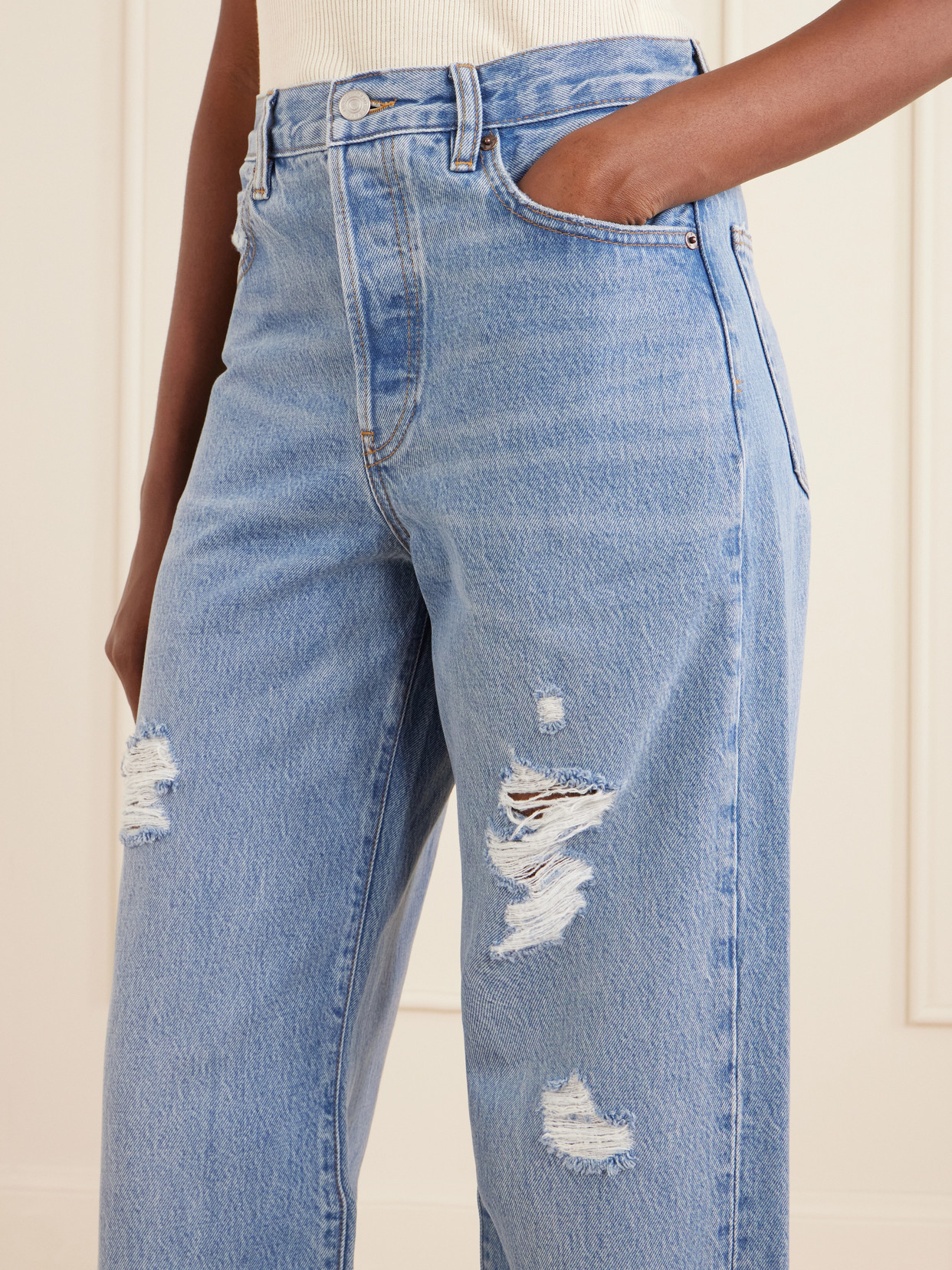 Frame The Loose Distressed Mid-rise Straight-leg Jeans In Blue