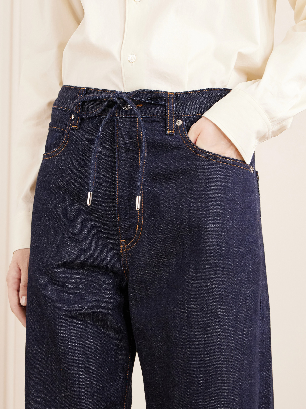 The Off Duty Drawstring Bow High-Rise Barrel-Leg Jeans