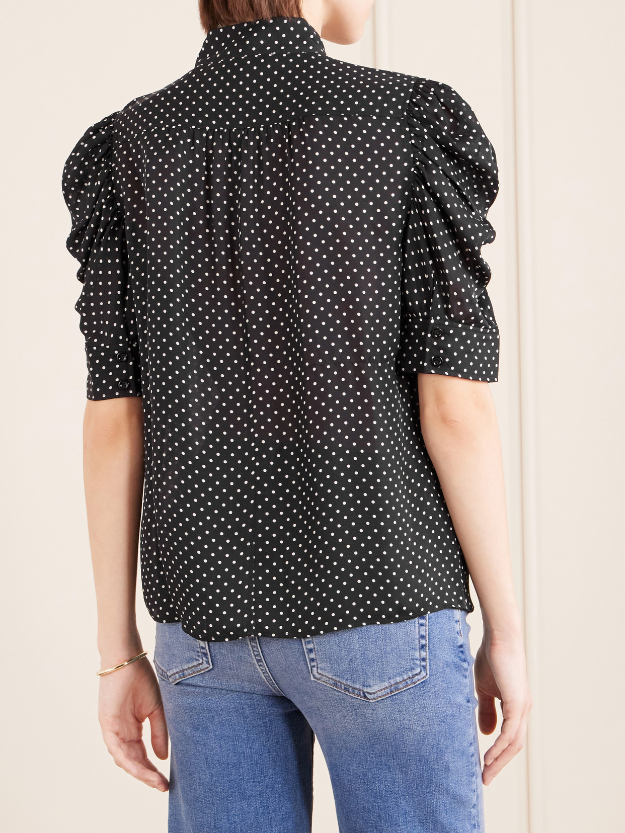 Frame The Gillian Ruched Polka-dot Silk-crepe Blouse In Blue