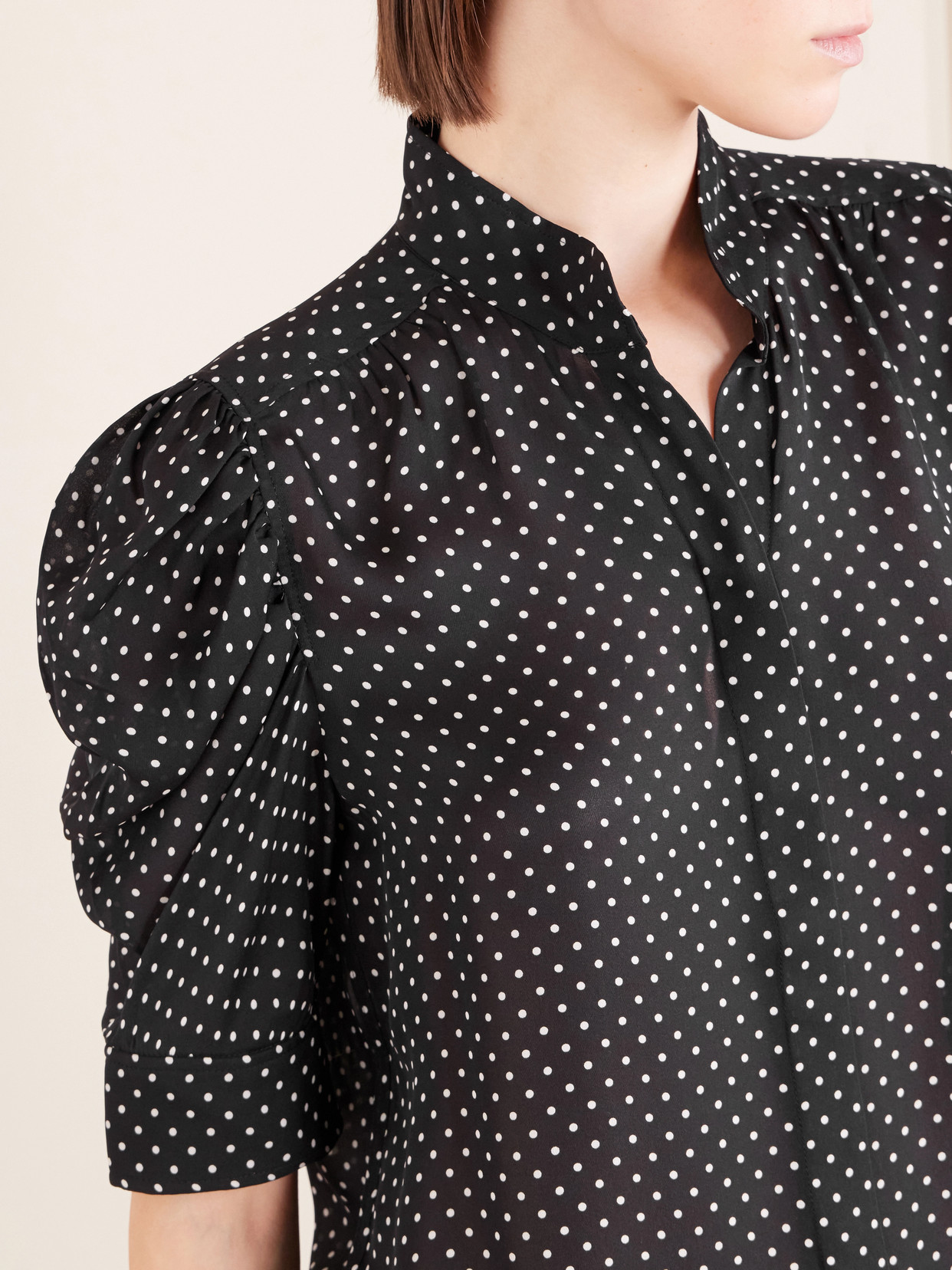 Frame The Gillian Ruched Polka-dot Silk-crepe Blouse In Blue